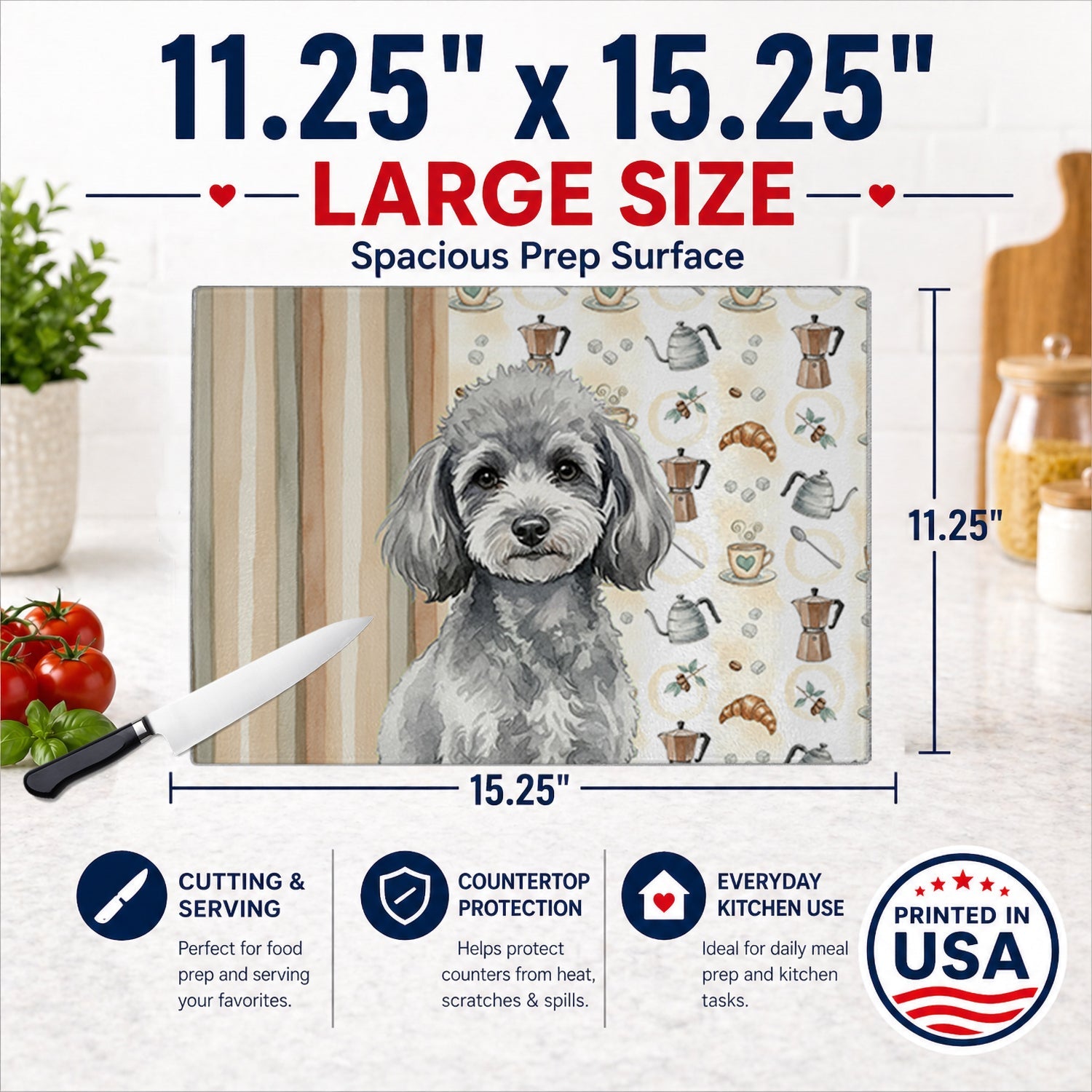 Toy Silver Poodle Coffee Bar Cutting Board Tempered Glass Kitchen Cutting Surface, Heat Resistant Chopping, Non-Slip Feet, Food Prep & Serving