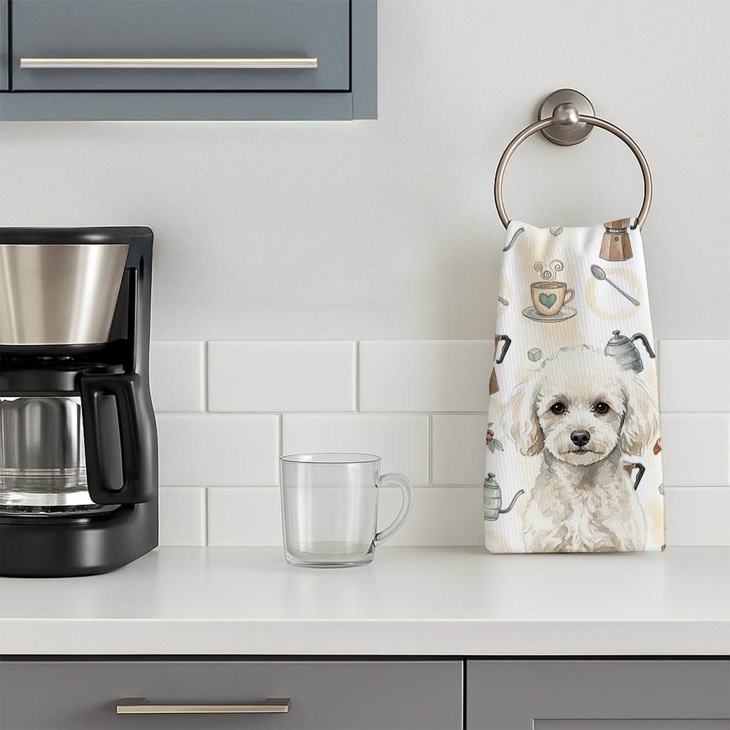Toy White Poodle Coffee Bar Kitchen Towel Velour Plush Front and Cotton Loop Back Machine Washable