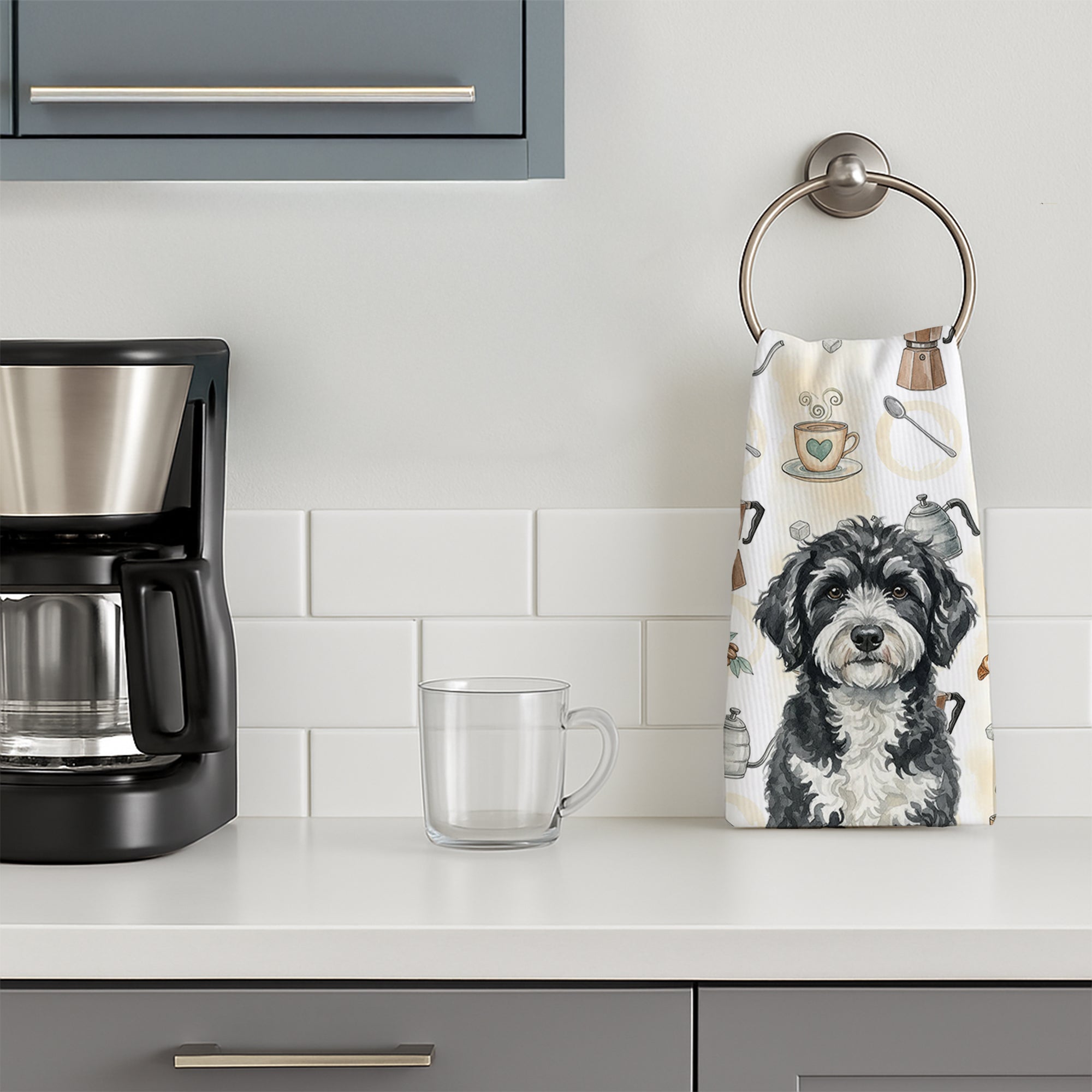 Portuguese Water Dog Coffee Bar Kitchen Towel Velour Plush Front and Cotton Loop Back Machine Washable