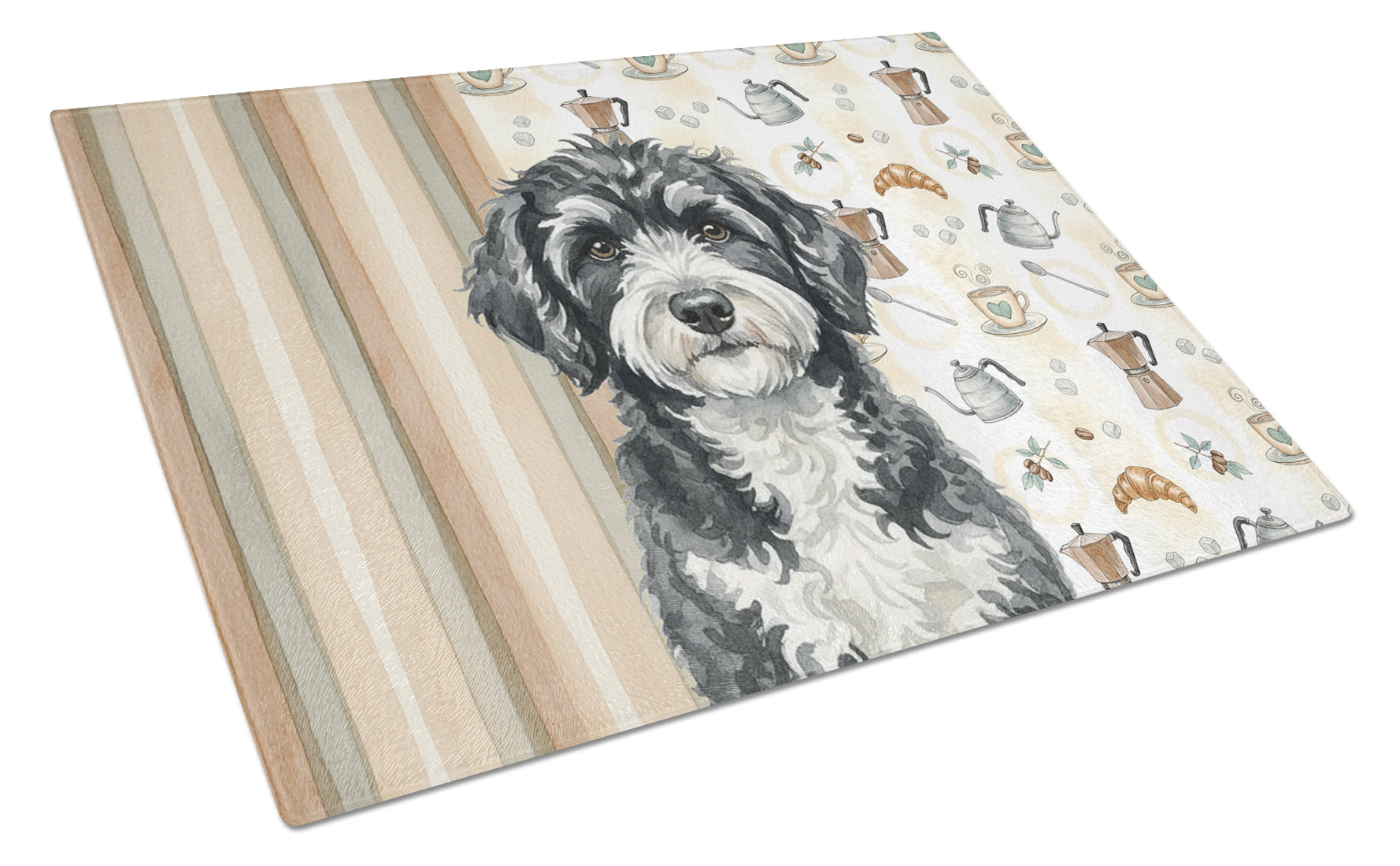 Portuguese Water Dog Coffee Bar Cutting Board Tempered Glass Kitchen Cutting Surface, Heat Resistant Chopping, Non-Slip Feet, Food Prep & Serving