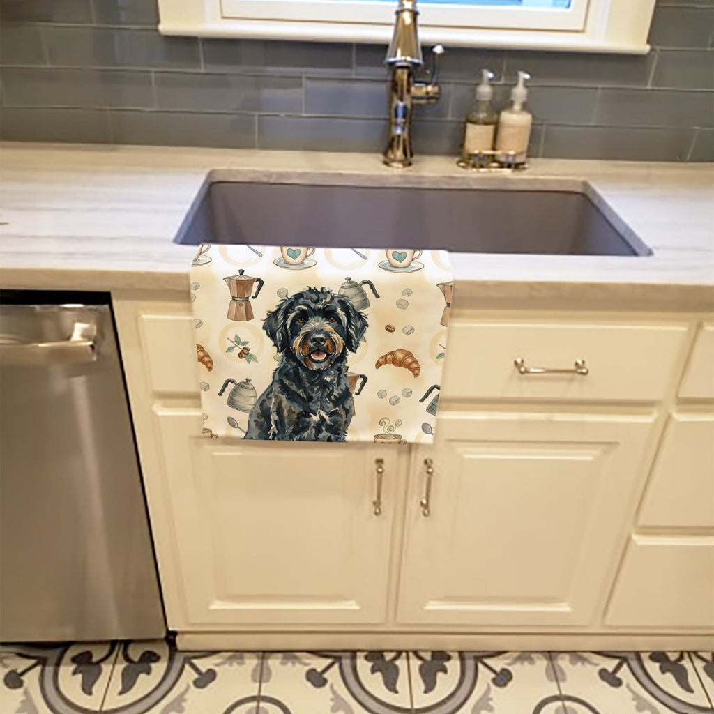 Black Portuguese Water Dog Coffee Bar Kitchen Towel Velour Plush Front and Cotton Loop Back Machine Washable