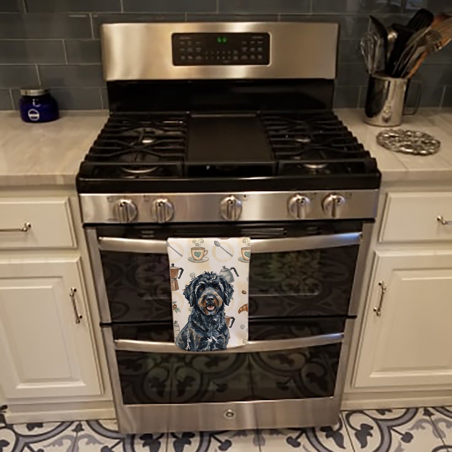 Black Portuguese Water Dog Coffee Bar Kitchen Towel Velour Plush Front and Cotton Loop Back Machine Washable