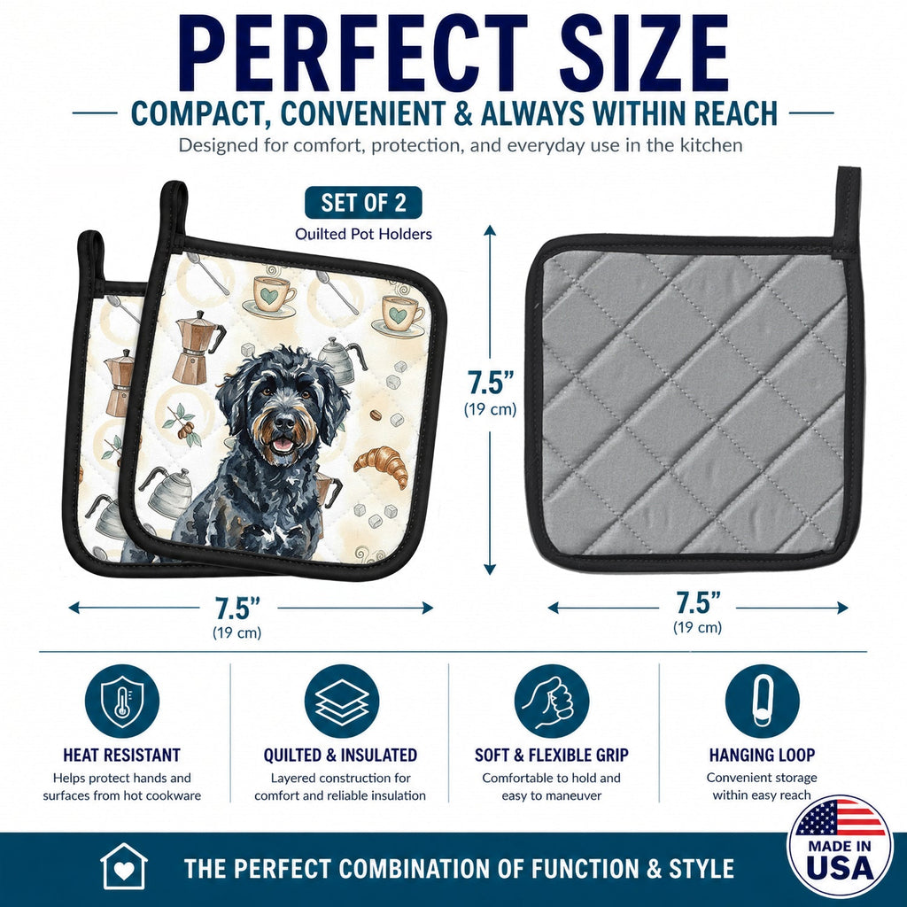 Black Portuguese Water Dog Coffee Bar Pot Holder Set of 2 Heat Resistant Quilted Hot Pads 7.5 x 7.5 Inch, Insulated Kitchen Trivets for Cooking & Baking