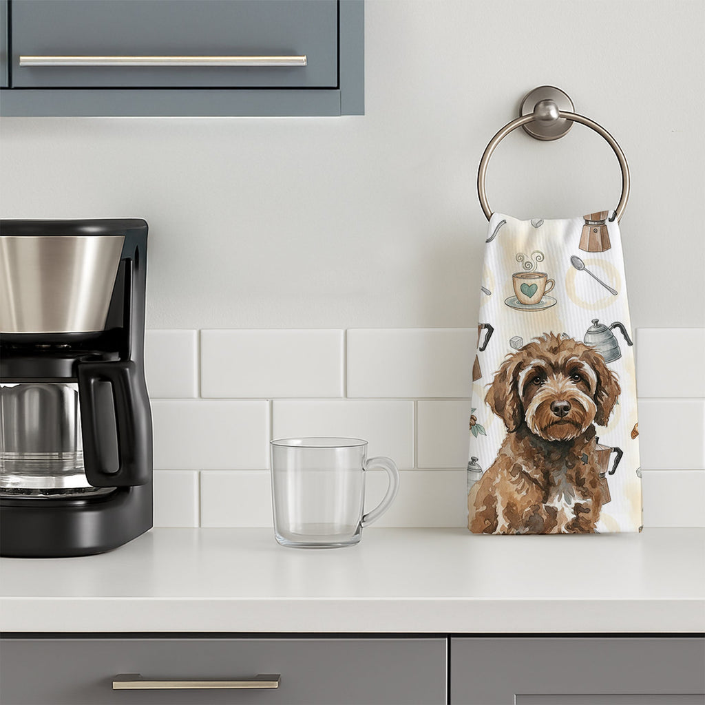 Brown Portuguese Water Dog Coffee Bar Kitchen Towel Velour Plush Front and Cotton Loop Back Machine Washable