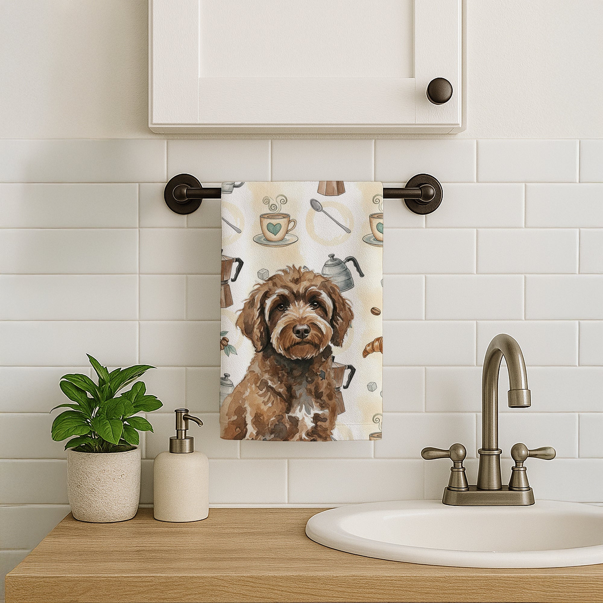 Brown Portuguese Water Dog Coffee Bar Kitchen Towel Velour Plush Front and Cotton Loop Back Machine Washable
