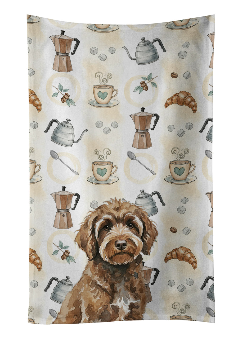 Brown Portuguese Water Dog Coffee Bar Kitchen Towel Velour Plush Front and Cotton Loop Back Machine Washable