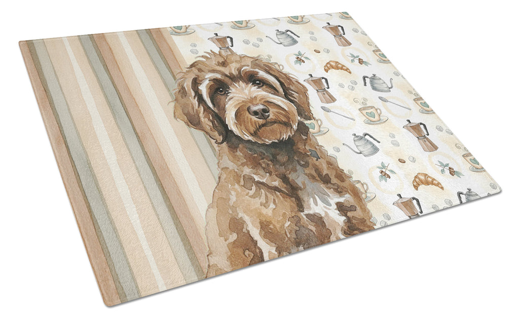 Brown Portuguese Water Dog Coffee Bar Cutting Board Tempered Glass Kitchen Cutting Surface, Heat Resistant Chopping, Non-Slip Feet, Food Prep & Serving