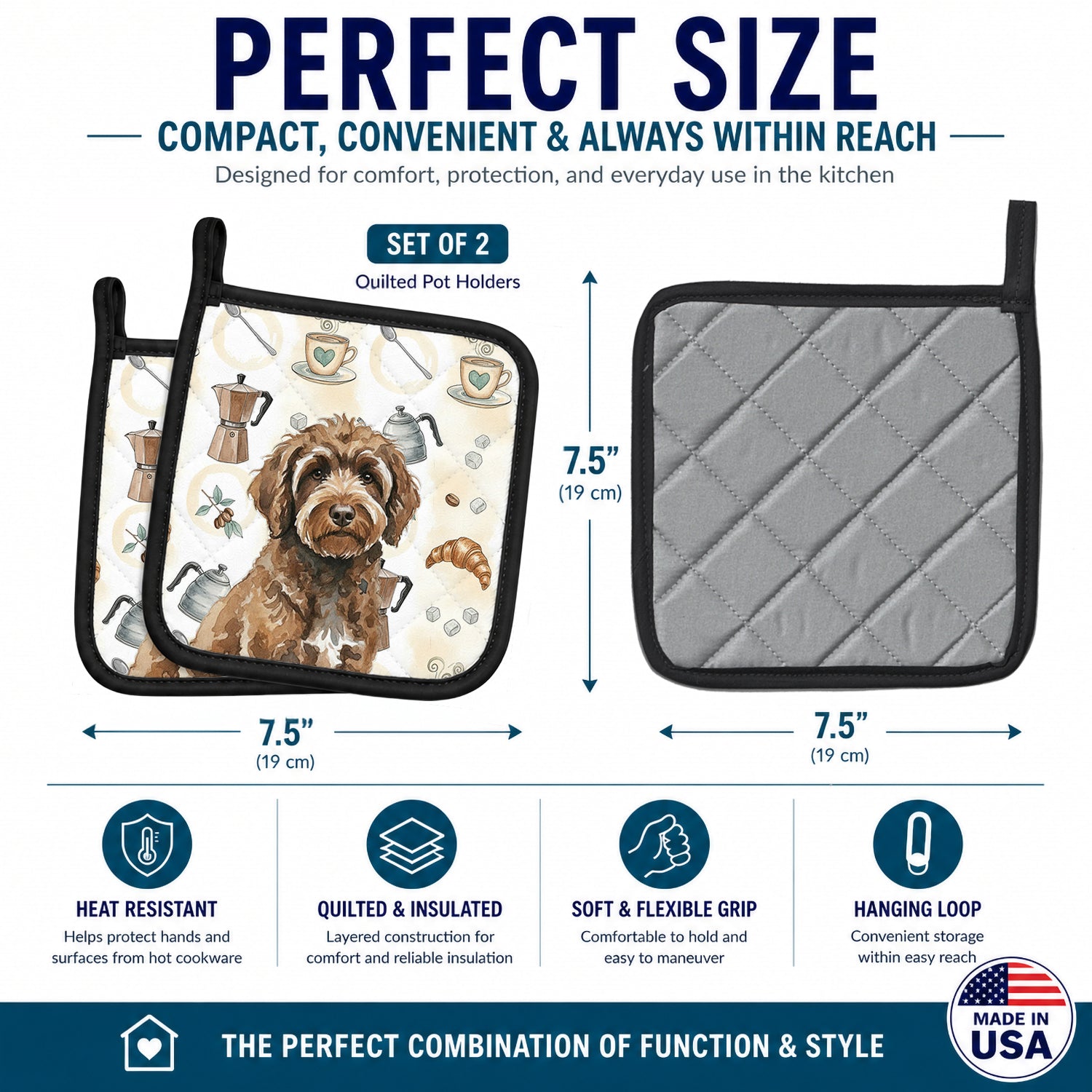 Brown Portuguese Water Dog Coffee Bar Pot Holder Set of 2 Heat Resistant Quilted Hot Pads 7.5 x 7.5 Inch, Insulated Kitchen Trivets for Cooking & Baking
