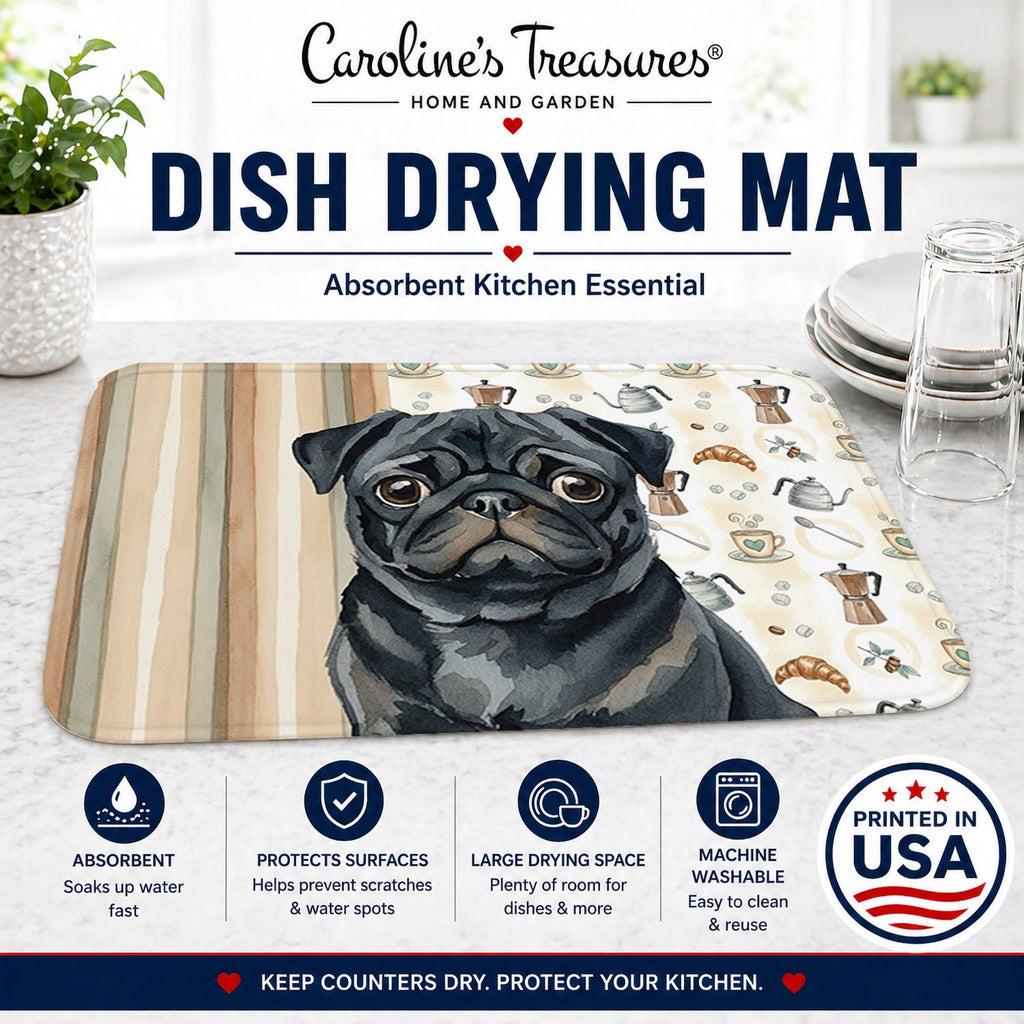 Black Pug Coffee Bar Dish Drying Mat Absorbent Dish Drying Mat Pad for Kitchen Counter Dish Drainer Mat for Countertop, 14 x 21", Multicolor