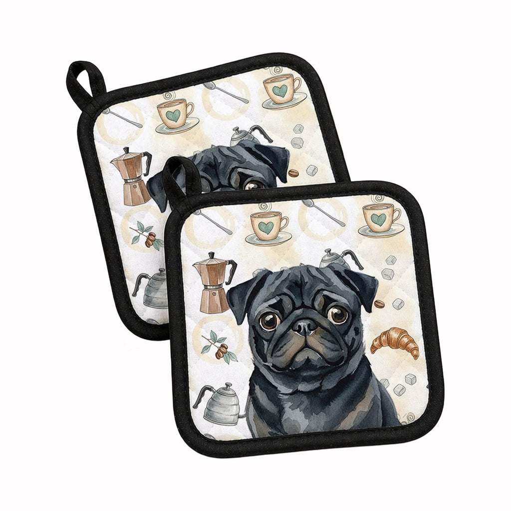 Black Pug Coffee Bar Pot Holder Set of 2 Heat Resistant Quilted Hot Pads 7.5 x 7.5 Inch, Insulated Kitchen Trivets for Cooking & Baking