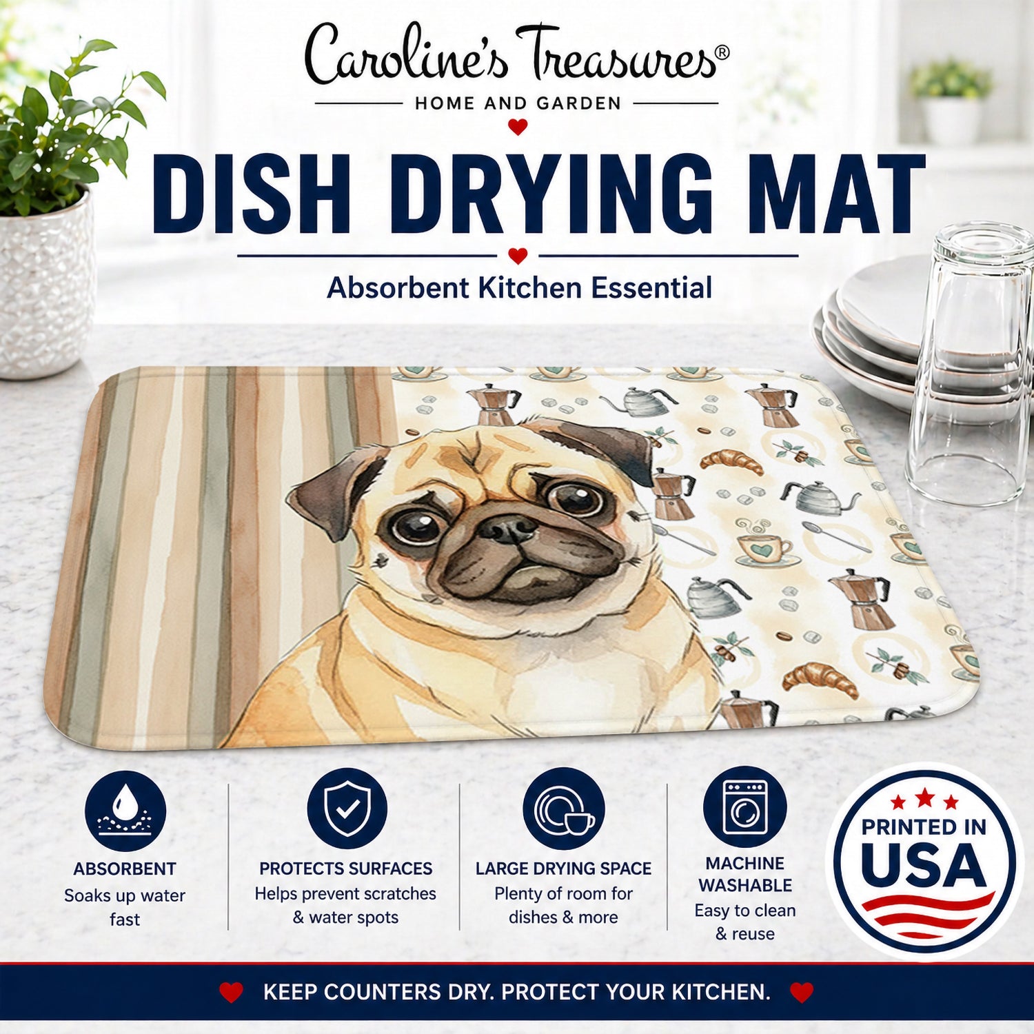 Fawn Pug Coffee Bar Dish Drying Mat Absorbent Dish Drying Mat Pad for Kitchen Counter Dish Drainer Mat for Countertop, 14 x 21", Multicolor