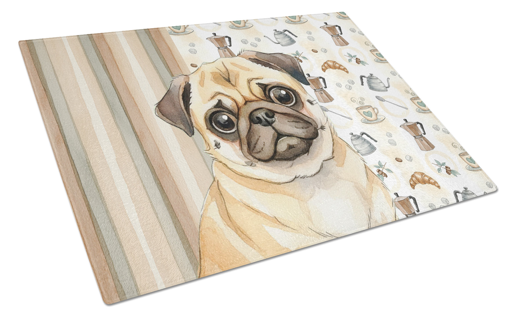 Fawn Pug Coffee Bar Cutting Board Tempered Glass Kitchen Cutting Surface, Heat Resistant Chopping, Non-Slip Feet, Food Prep & Serving