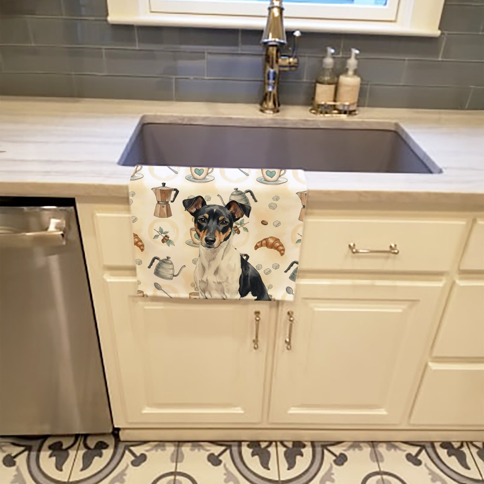 Black and White Rat Terrier Coffee Bar Kitchen Towel Velour Plush Front and Cotton Loop Back Machine Washable