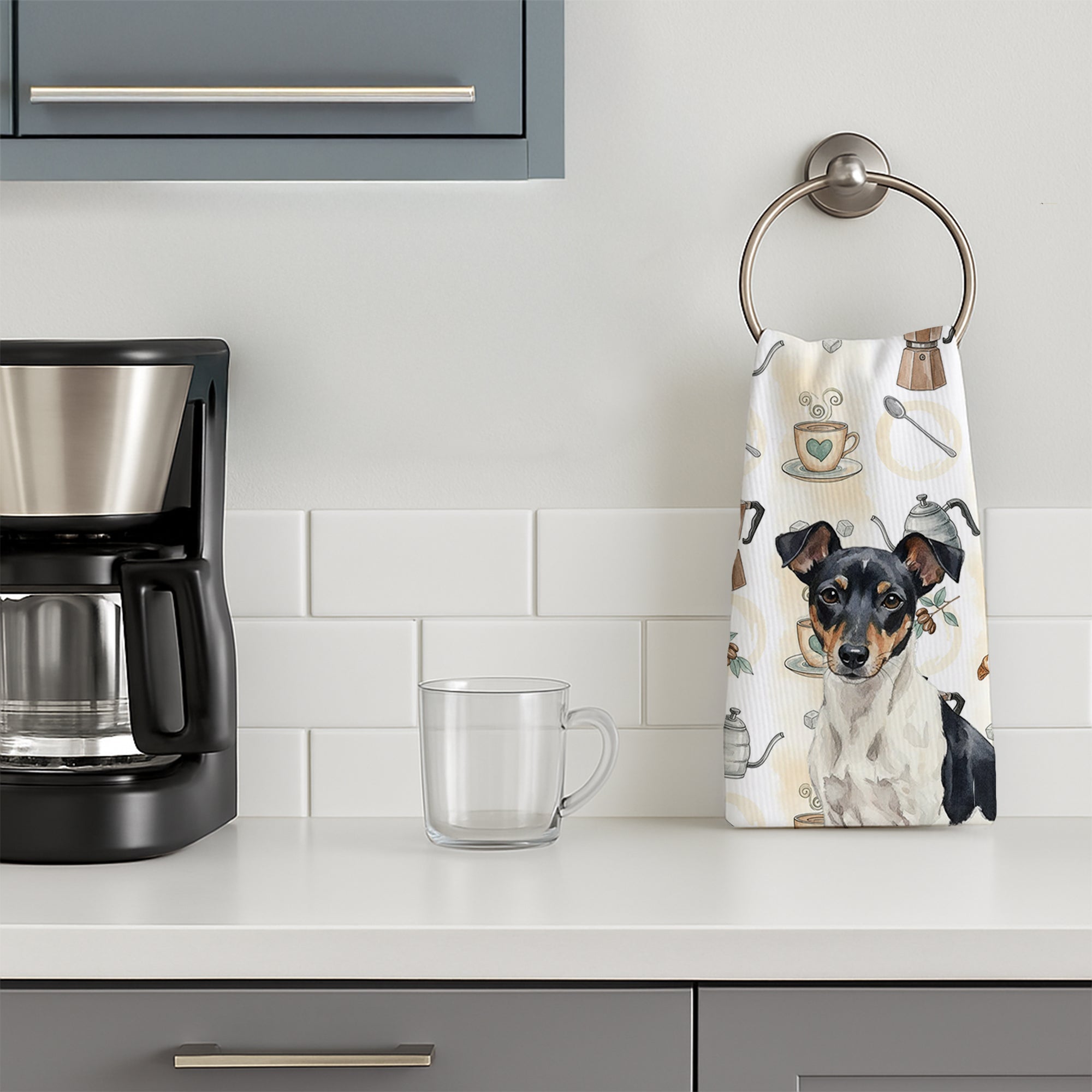Black and White Rat Terrier Coffee Bar Kitchen Towel Velour Plush Front and Cotton Loop Back Machine Washable