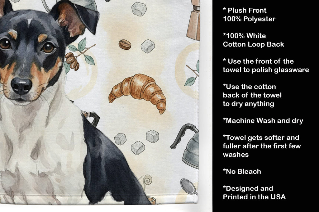 Black and White Rat Terrier Coffee Bar Kitchen Towel Velour Plush Front and Cotton Loop Back Machine Washable
