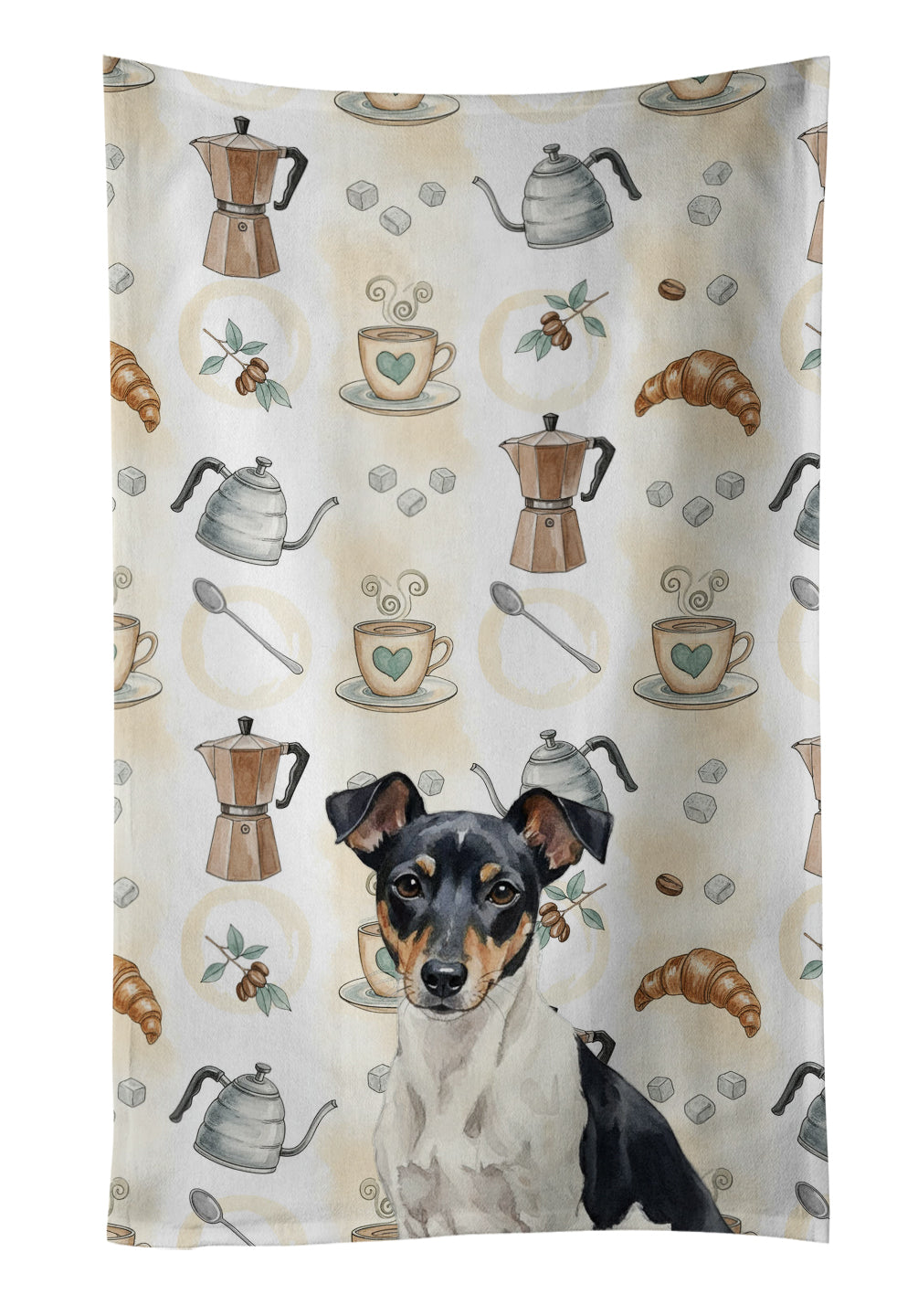 Black and White Rat Terrier Coffee Bar Kitchen Towel Velour Plush Front and Cotton Loop Back Machine Washable