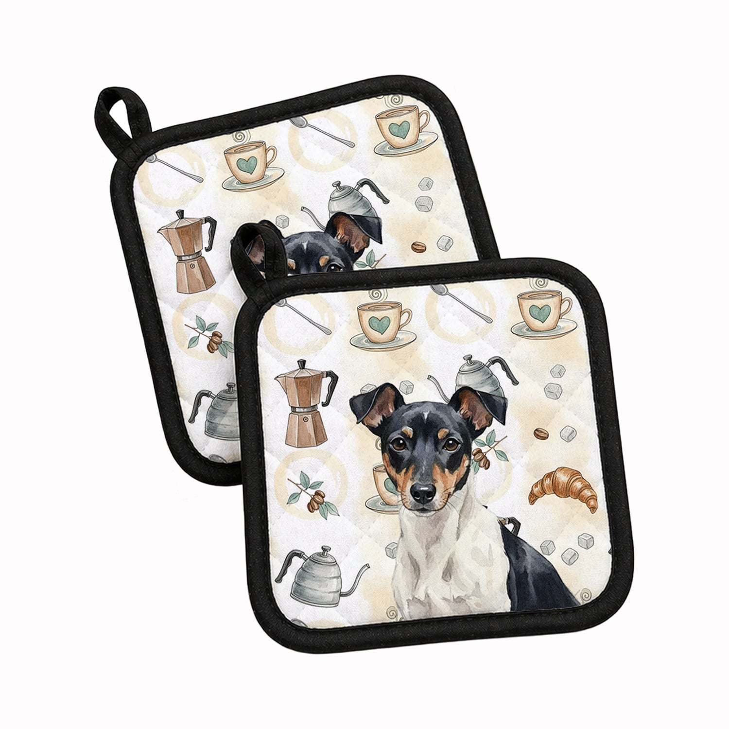 Black and White Rat Terrier Coffee Bar Pot Holder Set of 2 Heat Resistant Quilted Hot Pads 7.5 x 7.5 Inch, Insulated Kitchen Trivets for Cooking & Baking