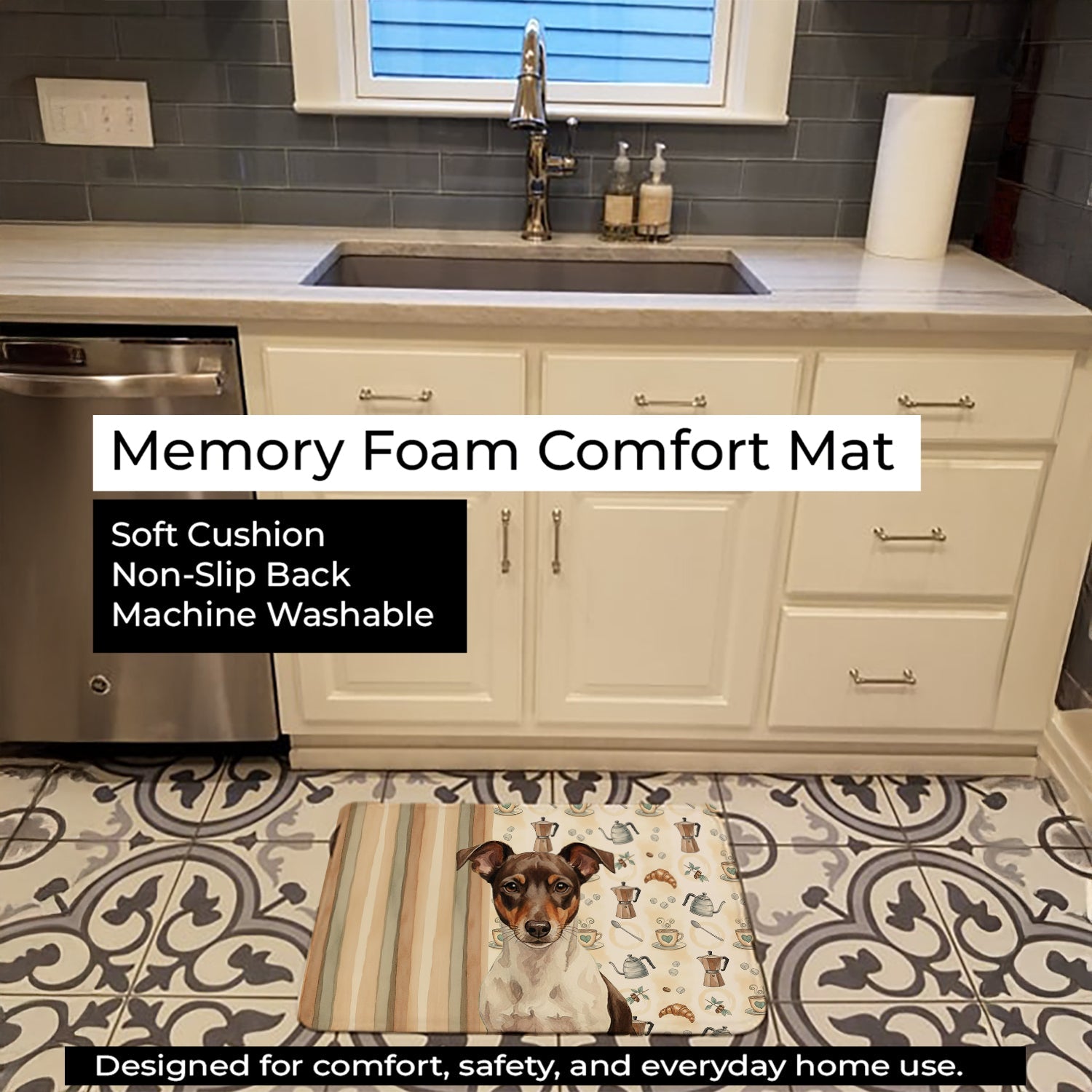 Chocolate and White Rat Terrier Coffee Bar Memory Foam Kitchen Mat Machine Washable Anti-Fatigue Cushion Comfort Bath or Kitchen Rug