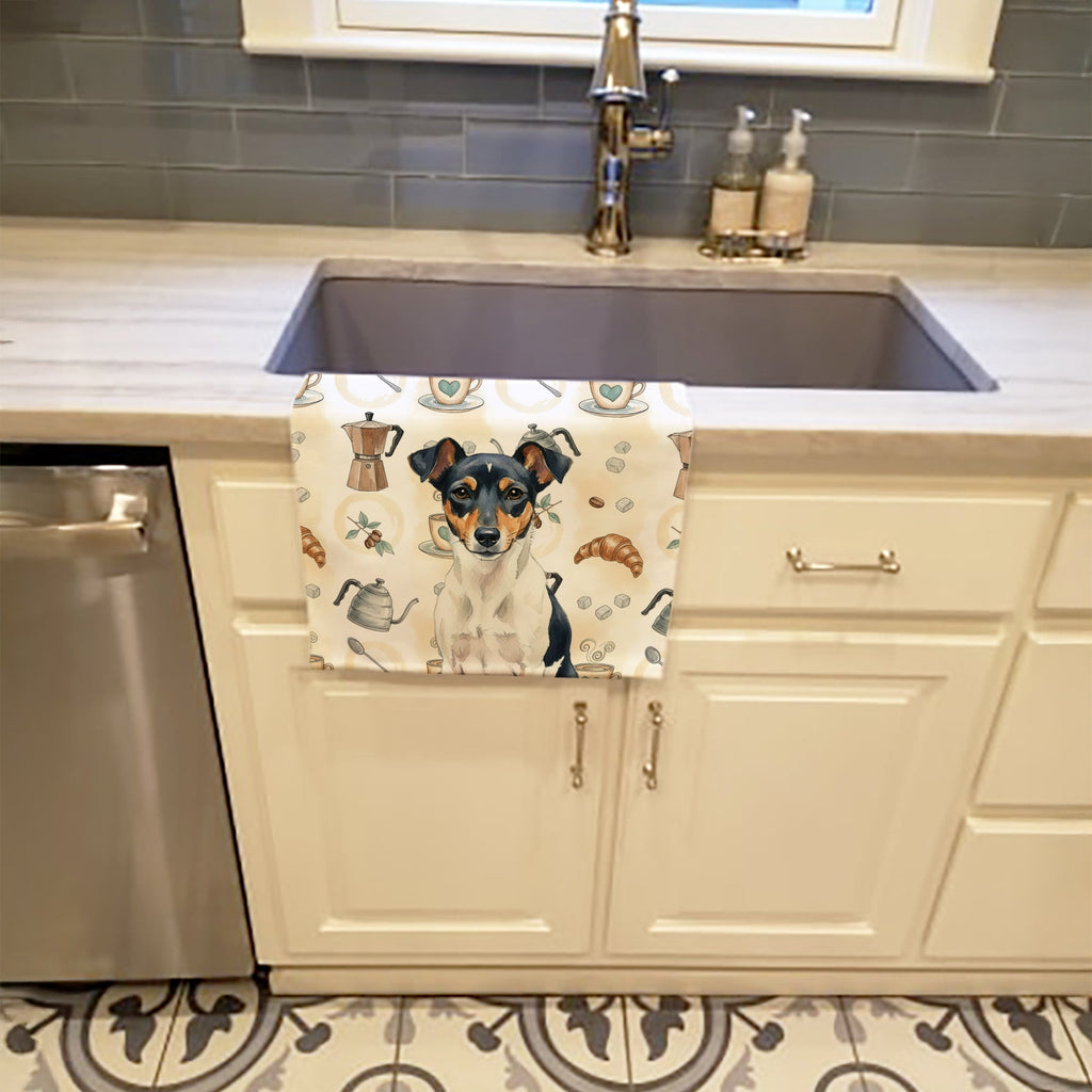 Tricolor Rat Terrier Coffee Bar Kitchen Towel Velour Plush Front and Cotton Loop Back Machine Washable