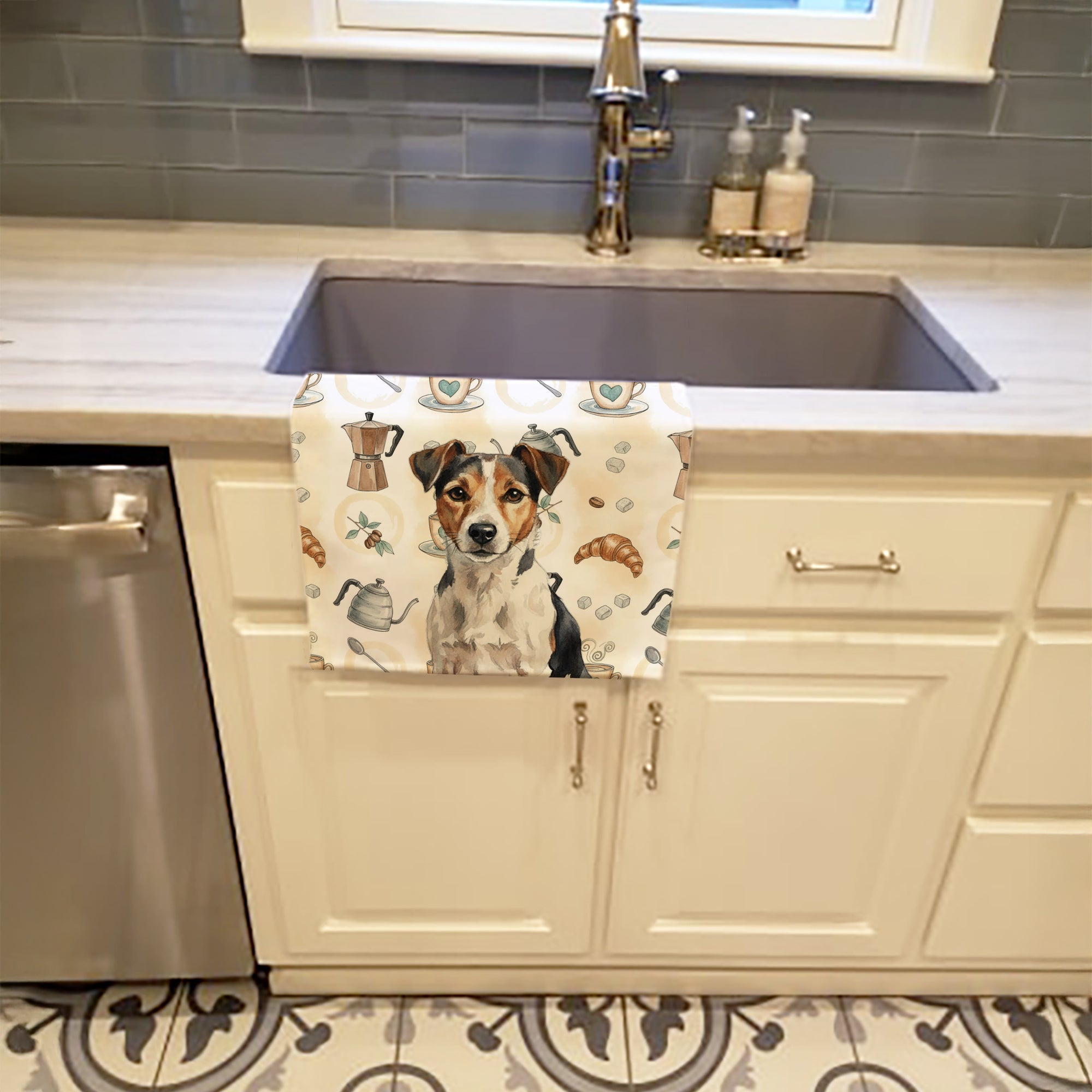 Tricolor Russell Terrier Coffee Bar Kitchen Towel Velour Plush Front and Cotton Loop Back Machine Washable