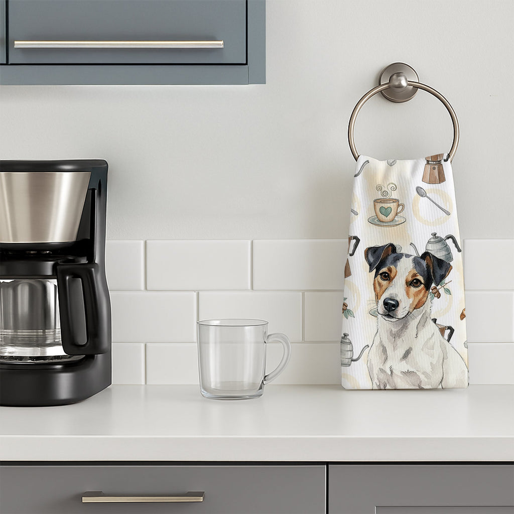 White with Black Markings Russell Terrier Coffee Bar Kitchen Towel Velour Plush Front and Cotton Loop Back Machine Washable