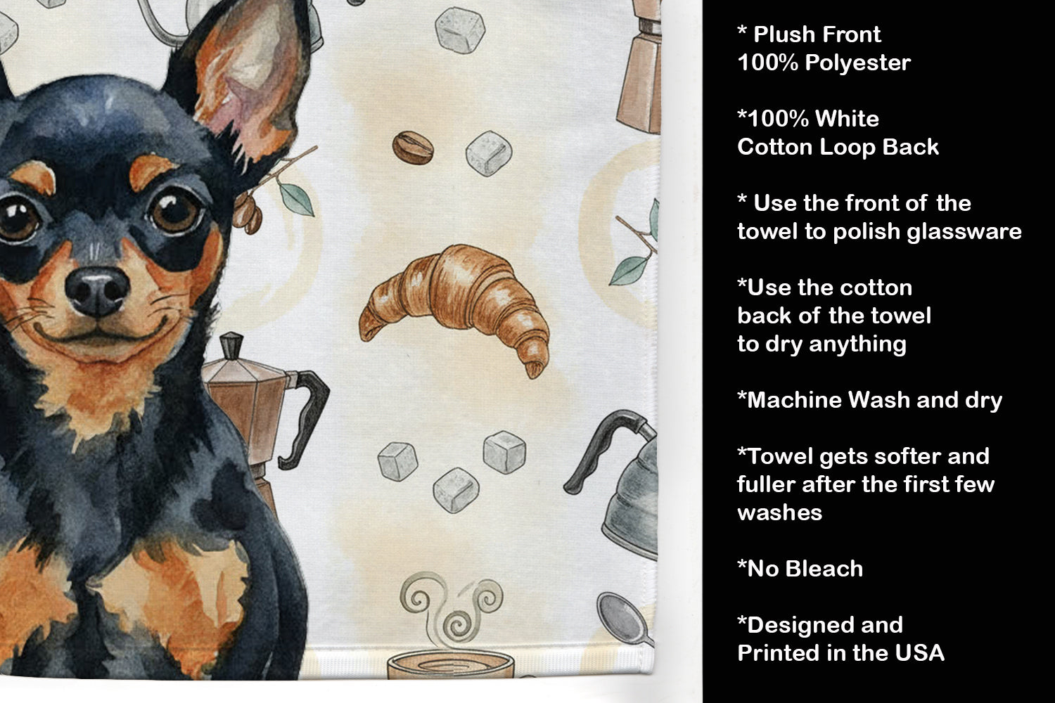 Black and Tan Russian Toy Coffee Bar Kitchen Towel Velour Plush Front and Cotton Loop Back Machine Washable