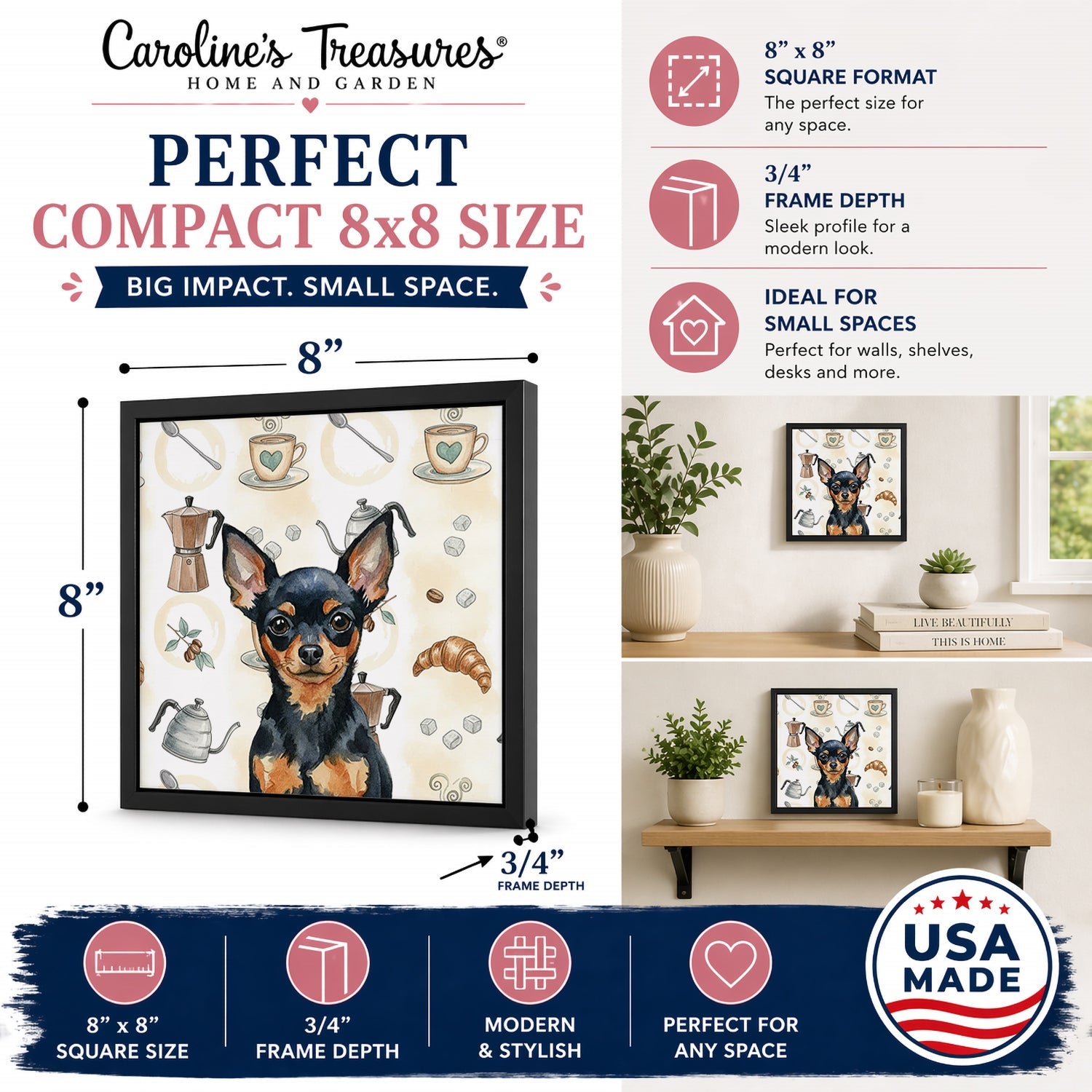 Black and Tan Russian Toy Coffee Bar Framed Metal Print Bathroom, Kitchen, Office, Home Decor Wall Art Ready to Hang, Square, 8X8