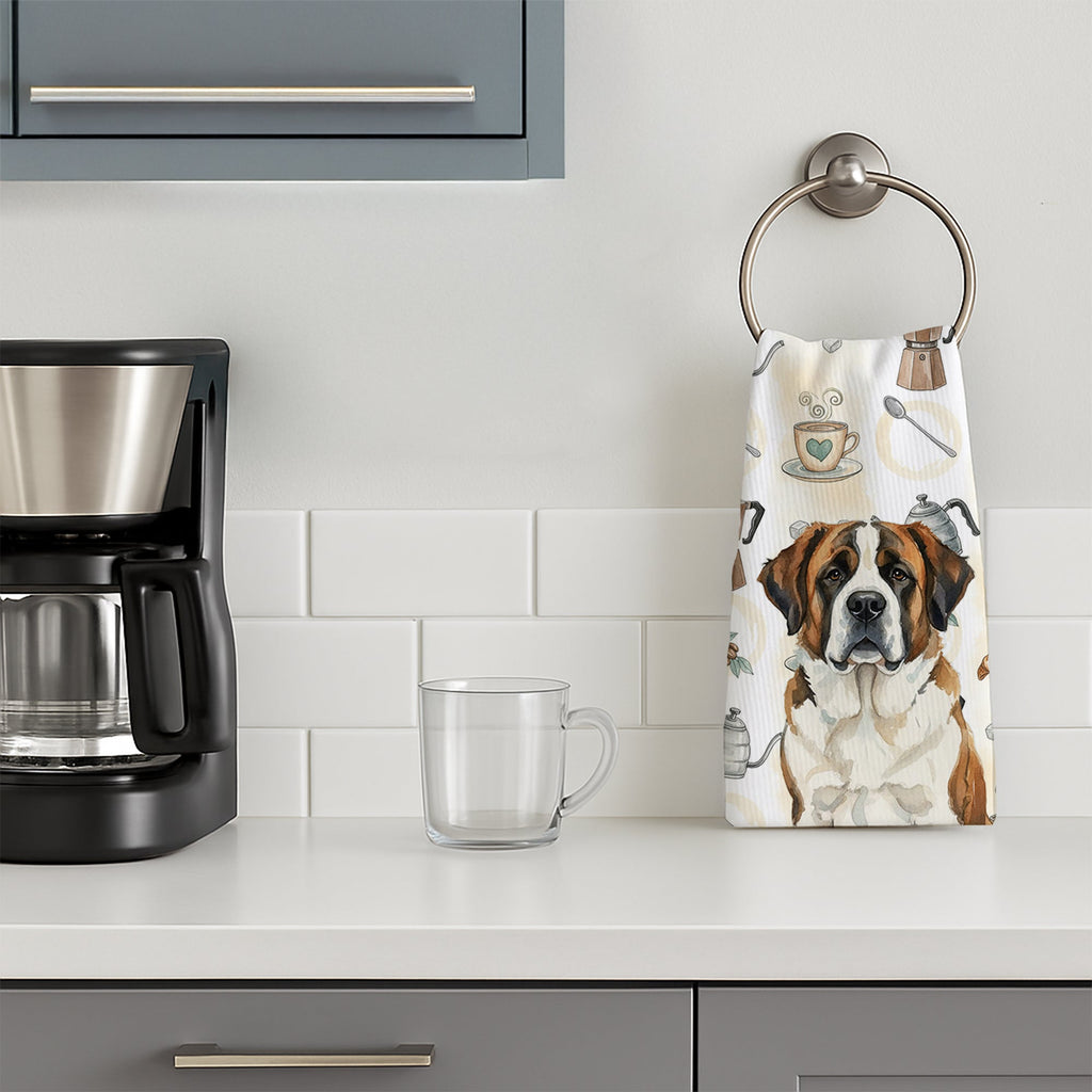Brindle and White Saint Bernard Coffee Bar Kitchen Towel Velour Plush Front and Cotton Loop Back Machine Washable