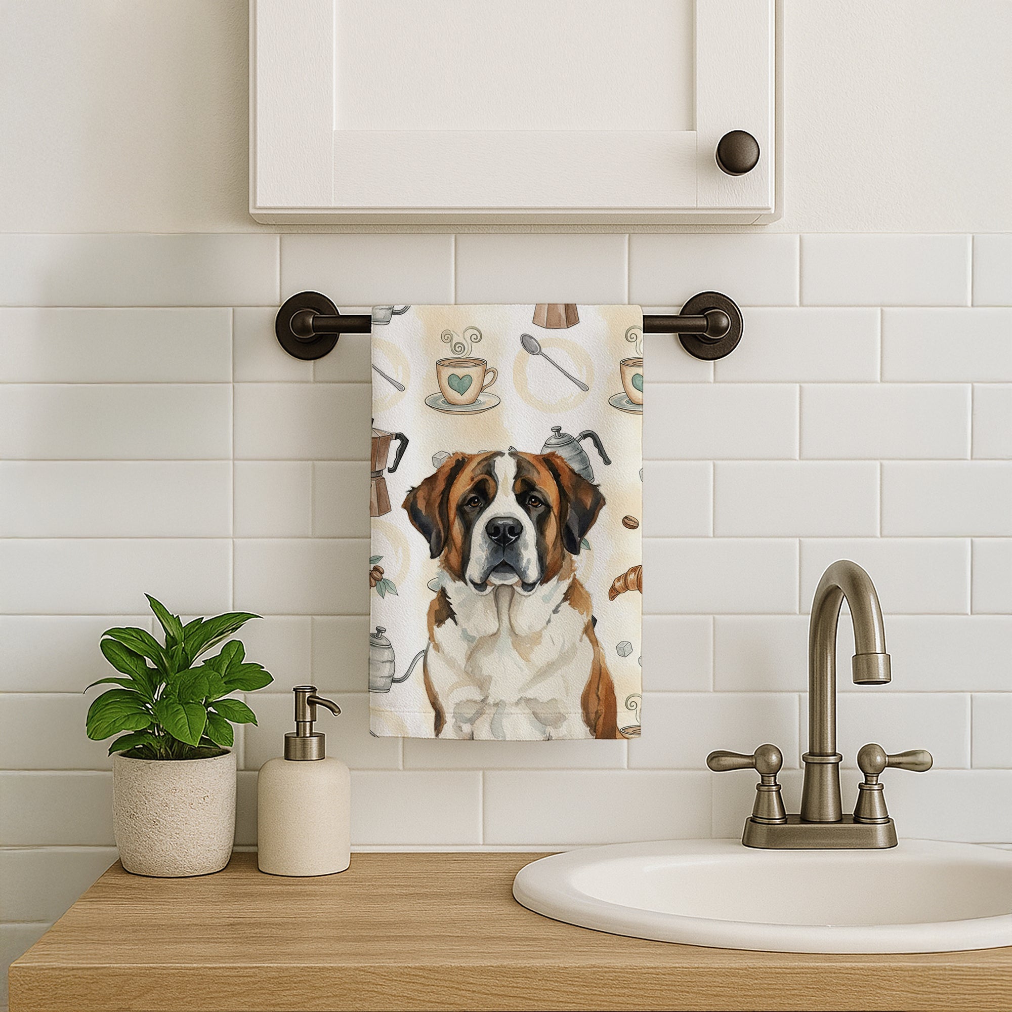 Brindle and White Saint Bernard Coffee Bar Kitchen Towel Velour Plush Front and Cotton Loop Back Machine Washable
