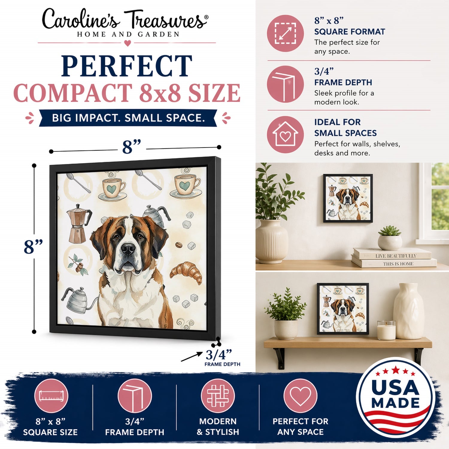 Brindle and White Saint Bernard Coffee Bar Framed Metal Print Bathroom, Kitchen, Office, Home Decor Wall Art Ready to Hang, Square, 8X8