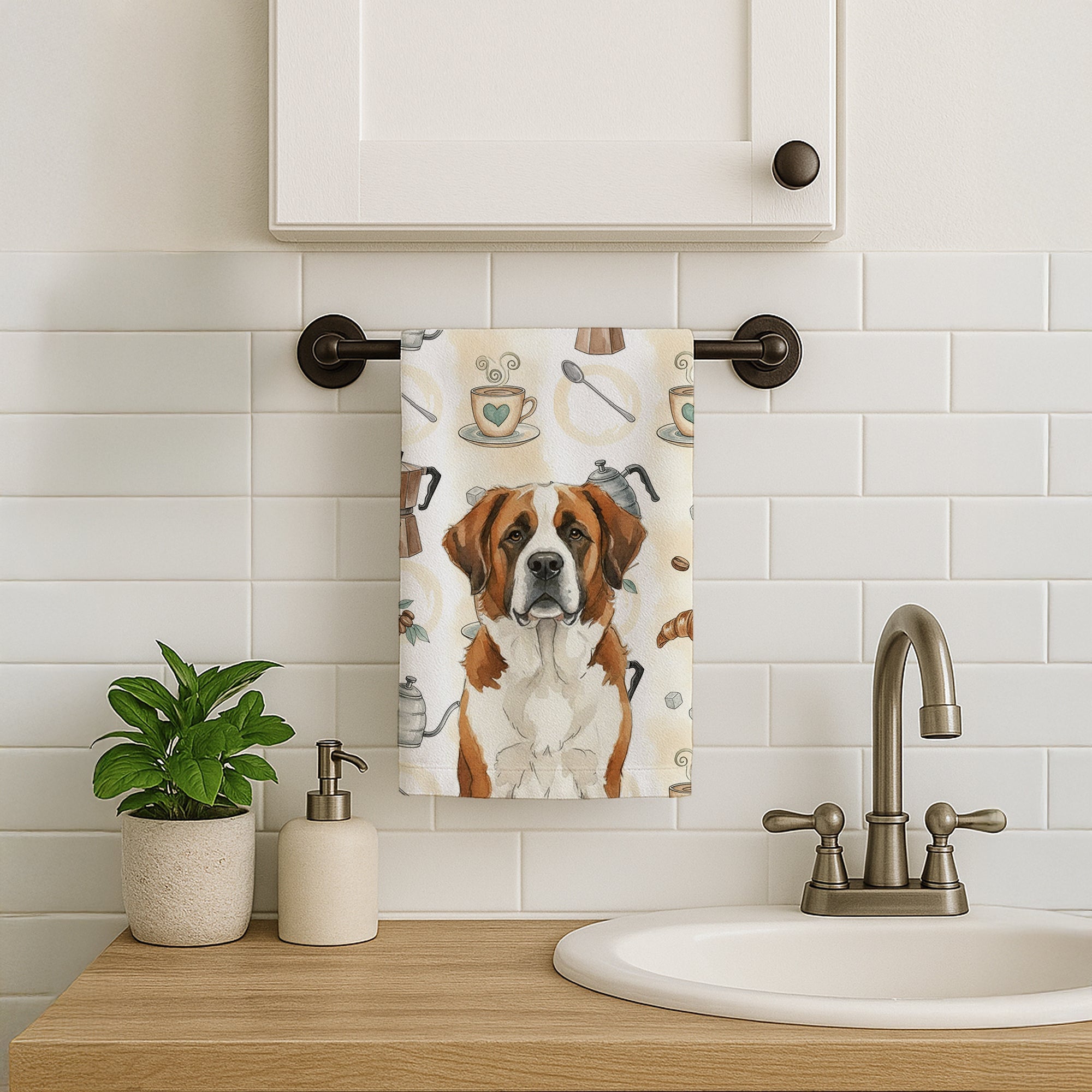 Brown and White Saint Bernard Coffee Bar Kitchen Towel Velour Plush Front and Cotton Loop Back Machine Washable