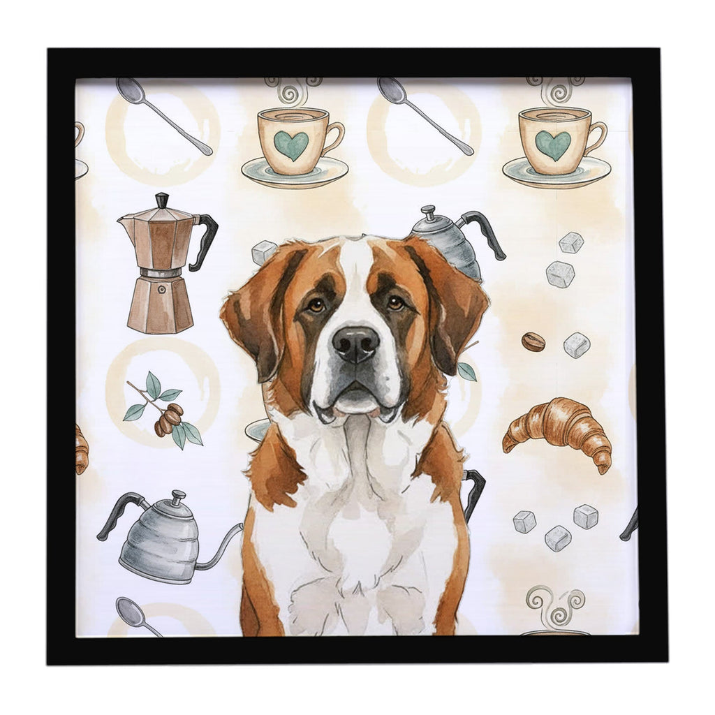 Brown and White Saint Bernard Coffee Bar Framed Metal Print Bathroom, Kitchen, Office, Home Decor Wall Art Ready to Hang, Square, 8X8