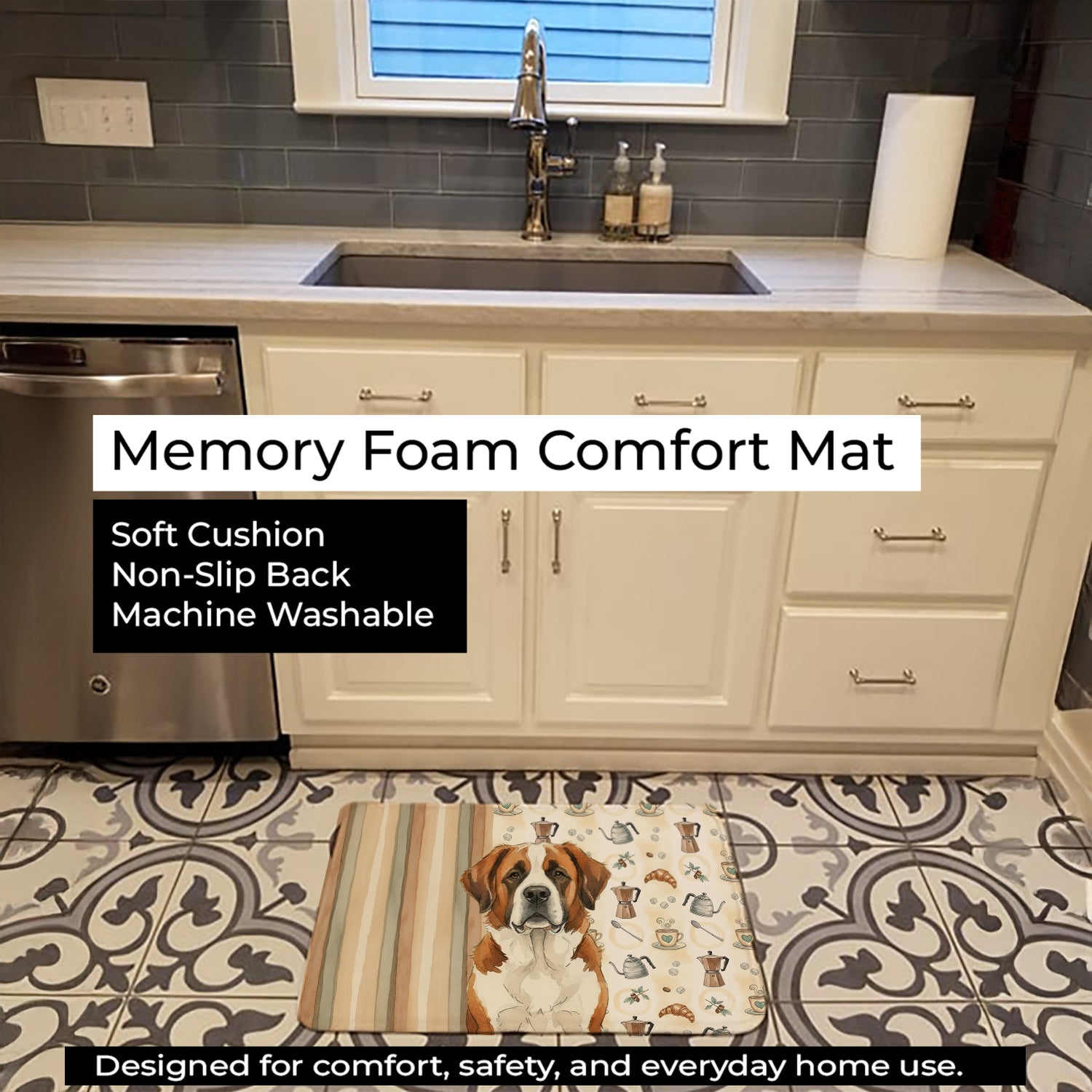 Brown and White Saint Bernard Coffee Bar Memory Foam Kitchen Mat Machine Washable Anti-Fatigue Cushion Comfort Bath or Kitchen Rug