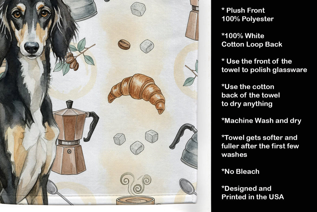 Black and Tan Saluki Coffee Bar Kitchen Towel Velour Plush Front and Cotton Loop Back Machine Washable