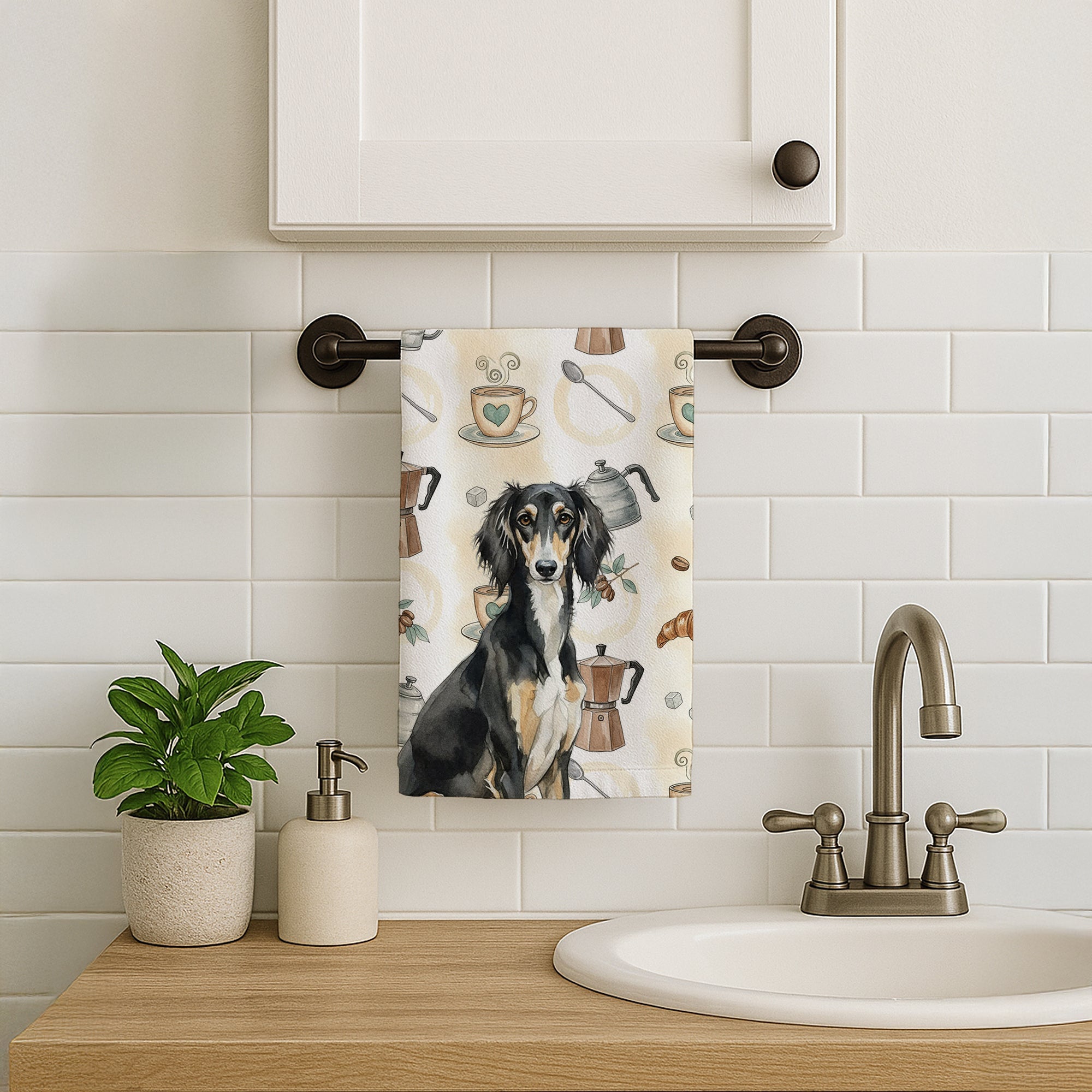 Black and Tan Saluki Coffee Bar Kitchen Towel Velour Plush Front and Cotton Loop Back Machine Washable