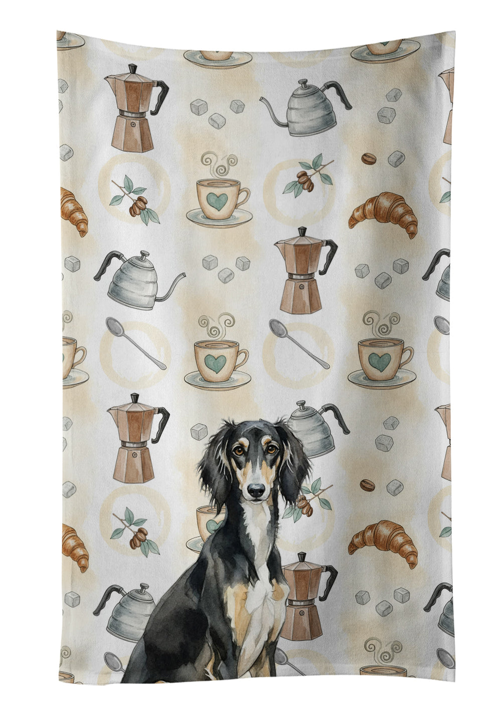 Black and Tan Saluki Coffee Bar Kitchen Towel Velour Plush Front and Cotton Loop Back Machine Washable