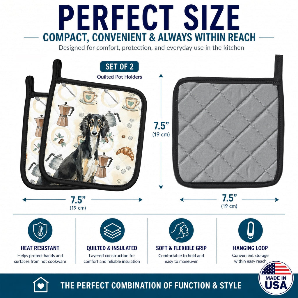 Black and Tan Saluki Coffee Bar Pot Holder Set of 2 Heat Resistant Quilted Hot Pads 7.5 x 7.5 Inch, Insulated Kitchen Trivets for Cooking & Baking