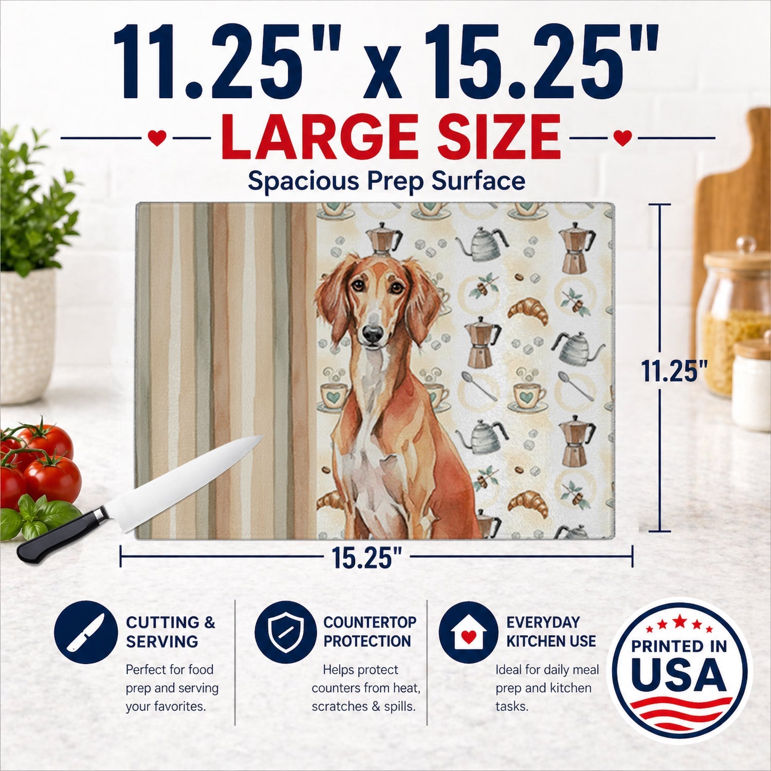Red Saluki Coffee Bar Cutting Board Tempered Glass Kitchen Cutting Surface, Heat Resistant Chopping, Non-Slip Feet, Food Prep & Serving