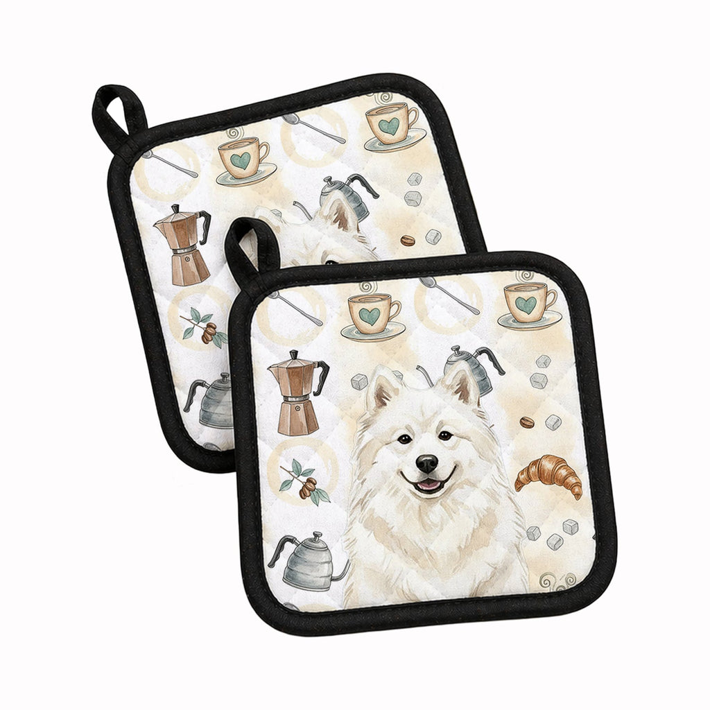 Cream Samoyed Coffee Bar Pot Holder Set of 2 Heat Resistant Quilted Hot Pads 7.5 x 7.5 Inch, Insulated Kitchen Trivets for Cooking & Baking