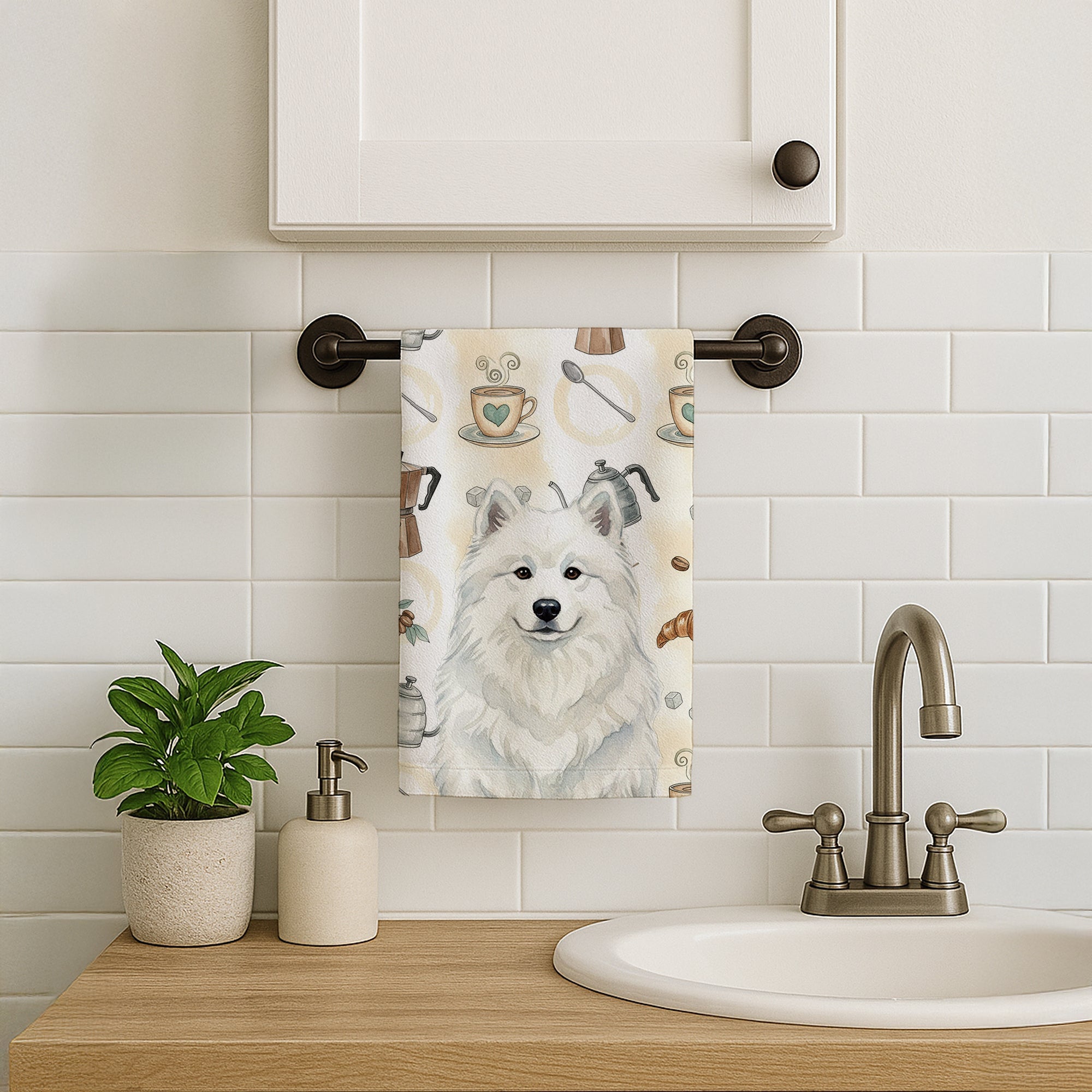 White Samoyed Coffee Bar Kitchen Towel Velour Plush Front and Cotton Loop Back Machine Washable