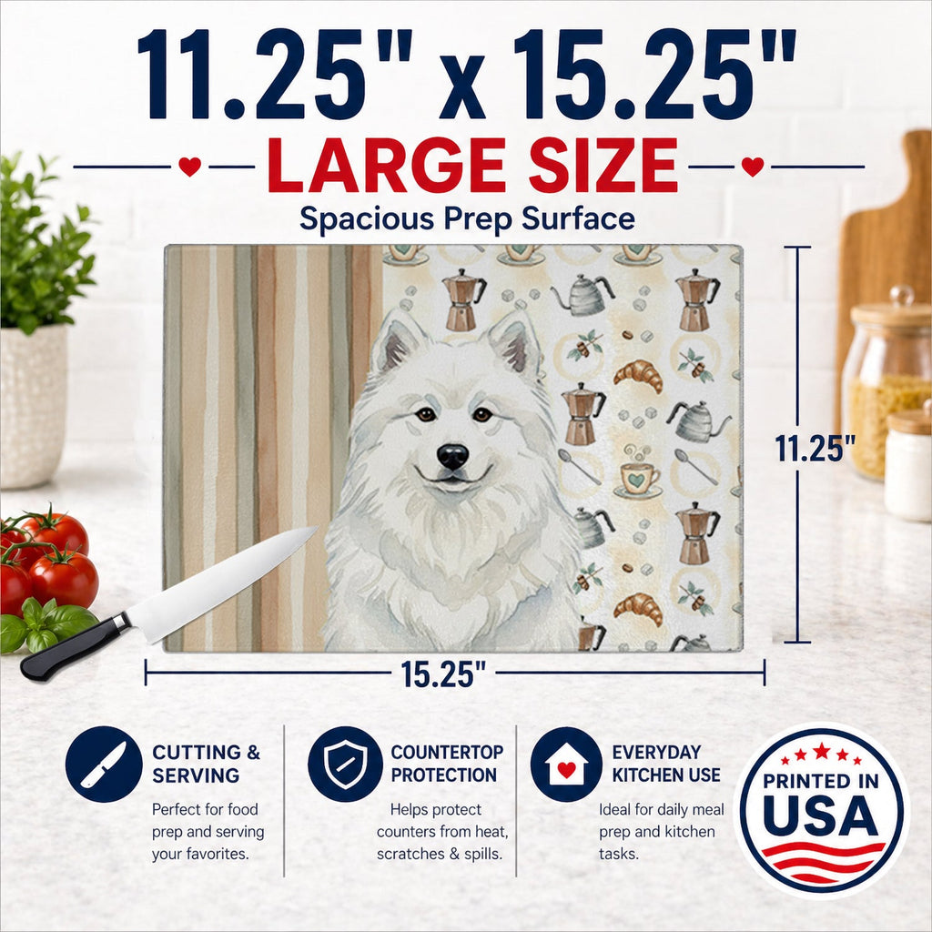 White Samoyed Coffee Bar Cutting Board Tempered Glass Kitchen Cutting Surface, Heat Resistant Chopping, Non-Slip Feet, Food Prep & Serving