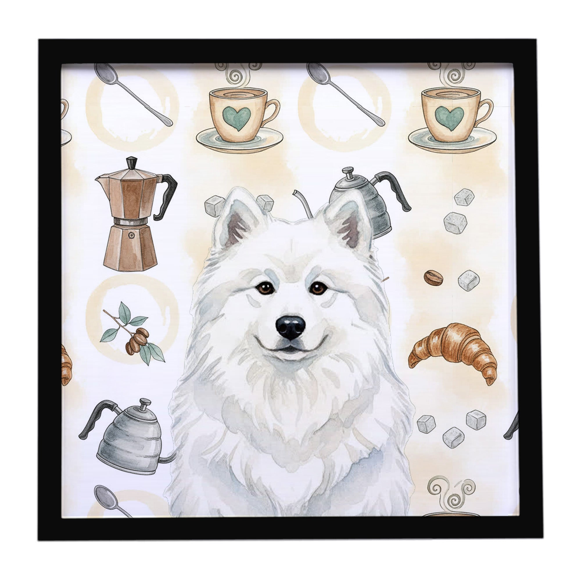 White Samoyed Coffee Bar Framed Metal Print Bathroom, Kitchen, Office, Home Decor Wall Art Ready to Hang, Square, 8X8
