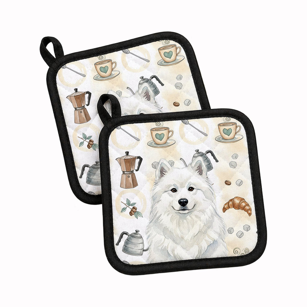White Samoyed Coffee Bar Pot Holder Set of 2 Heat Resistant Quilted Hot Pads 7.5 x 7.5 Inch, Insulated Kitchen Trivets for Cooking & Baking