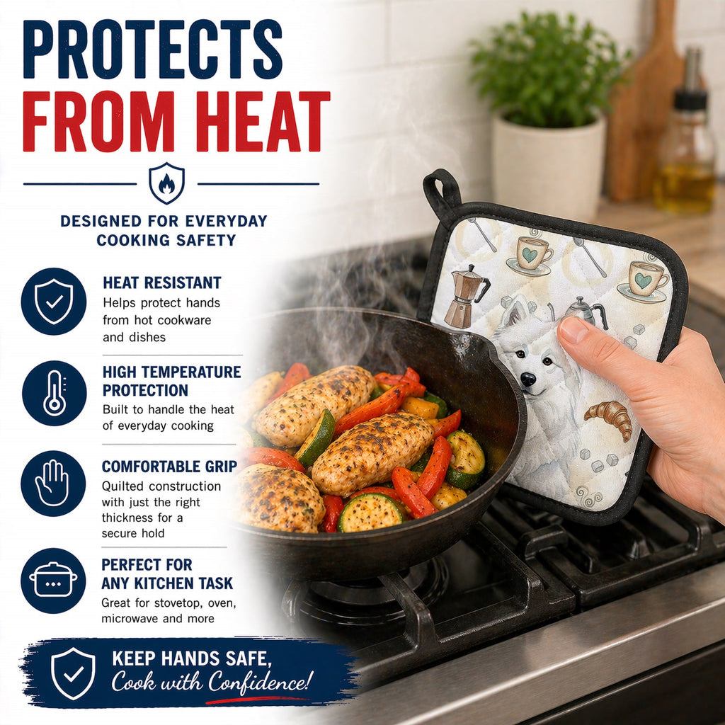 White Samoyed Coffee Bar Pot Holder Set of 2 Heat Resistant Quilted Hot Pads 7.5 x 7.5 Inch, Insulated Kitchen Trivets for Cooking & Baking