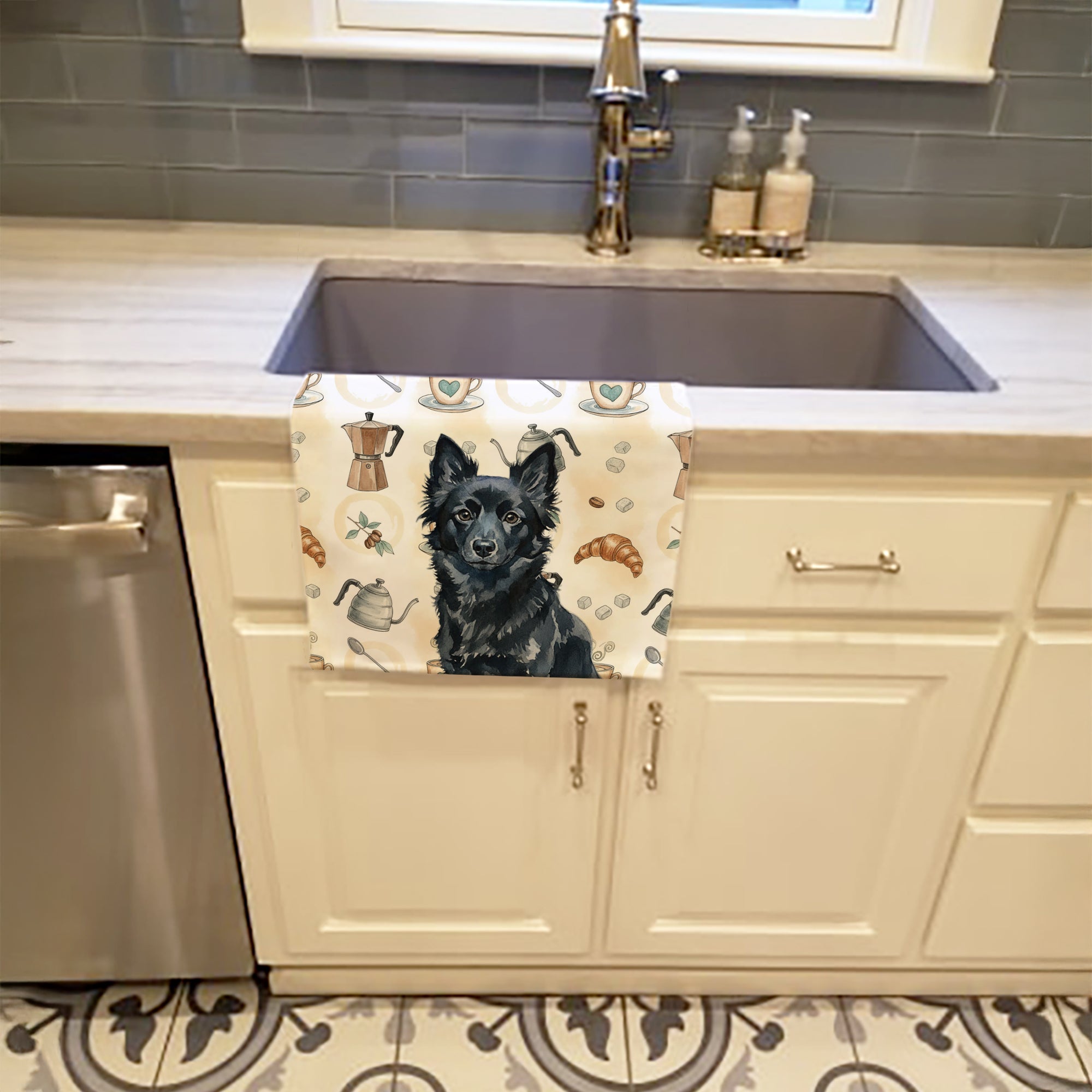 Schipperke Coffee Bar Kitchen Towel Velour Plush Front and Cotton Loop Back Machine Washable