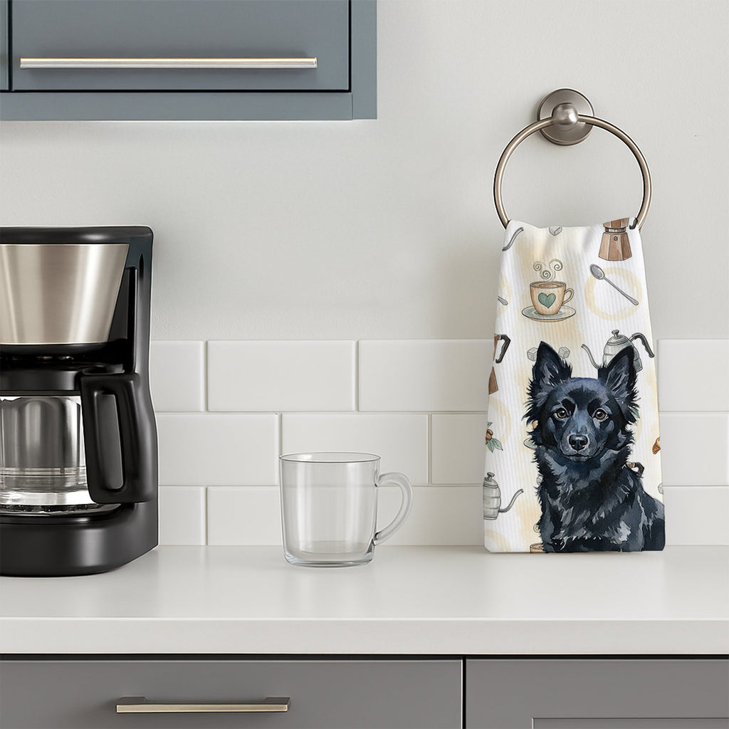 Schipperke Coffee Bar Kitchen Towel Velour Plush Front and Cotton Loop Back Machine Washable