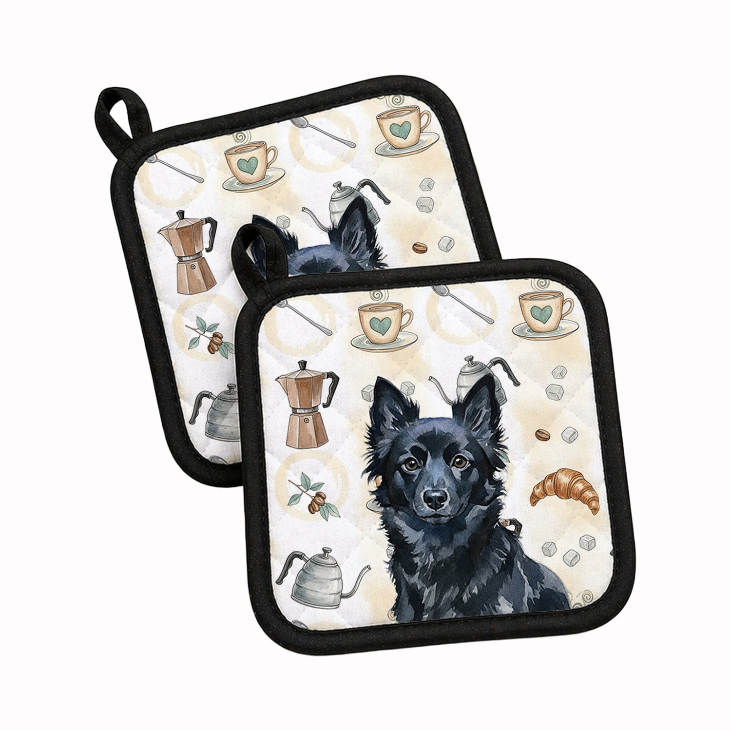 Schipperke Coffee Bar Pot Holder Set of 2 Heat Resistant Quilted Hot Pads 7.5 x 7.5 Inch, Insulated Kitchen Trivets for Cooking & Baking