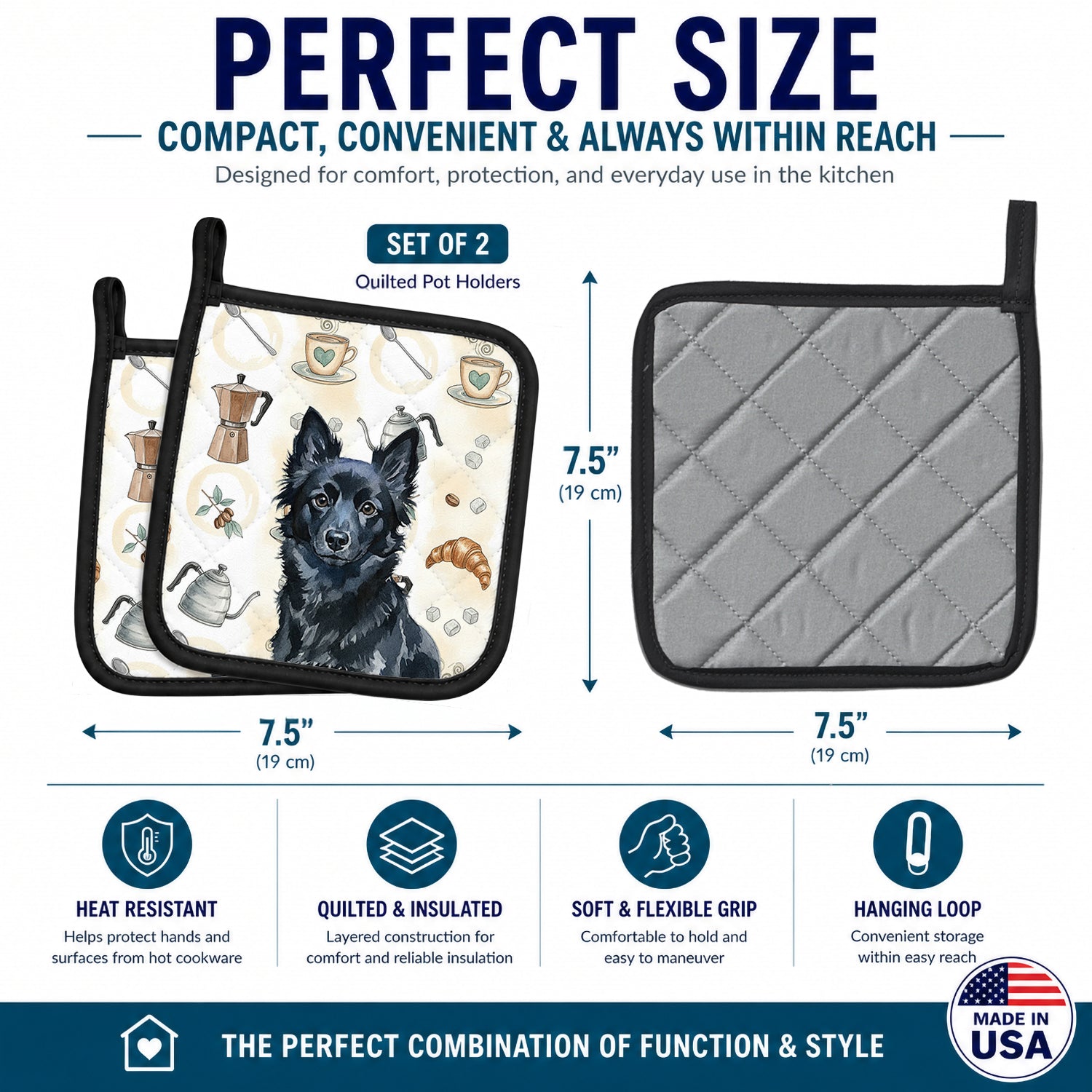 Schipperke Coffee Bar Pot Holder Set of 2 Heat Resistant Quilted Hot Pads 7.5 x 7.5 Inch, Insulated Kitchen Trivets for Cooking & Baking