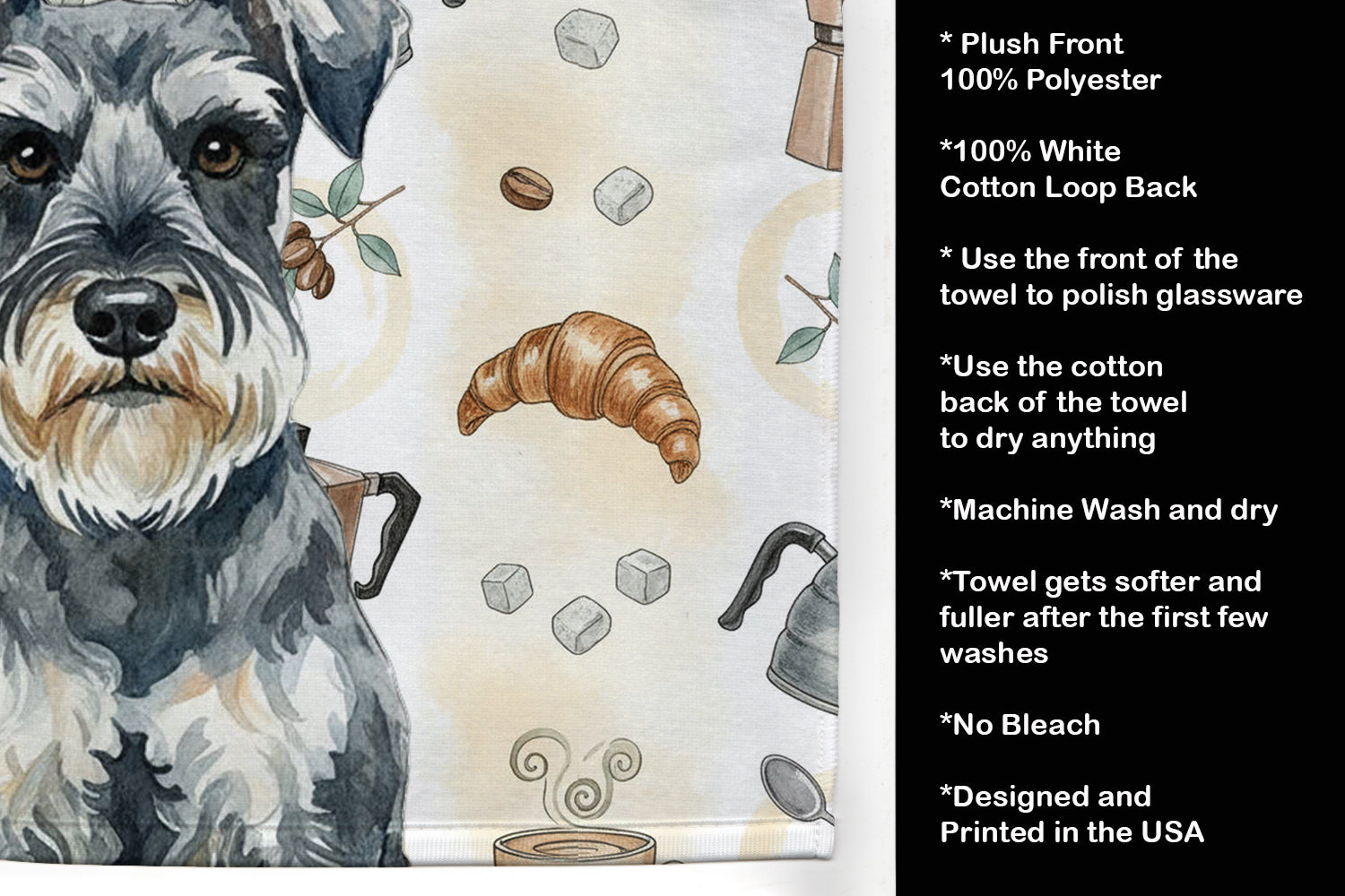 Schnauzer Coffee Bar Kitchen Towel Velour Plush Front and Cotton Loop Back Machine Washable