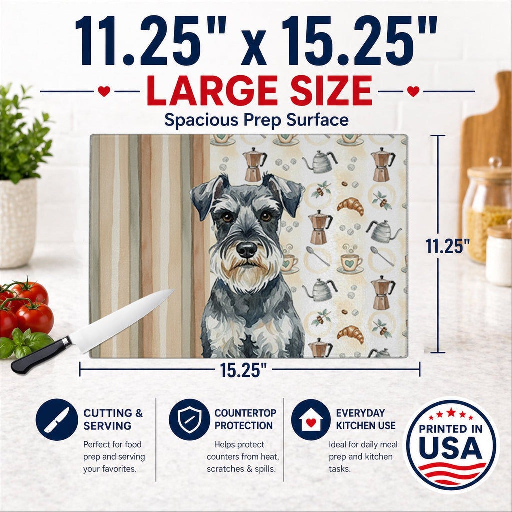 Schnauzer Coffee Bar Cutting Board Tempered Glass Kitchen Cutting Surface, Heat Resistant Chopping, Non-Slip Feet, Food Prep & Serving